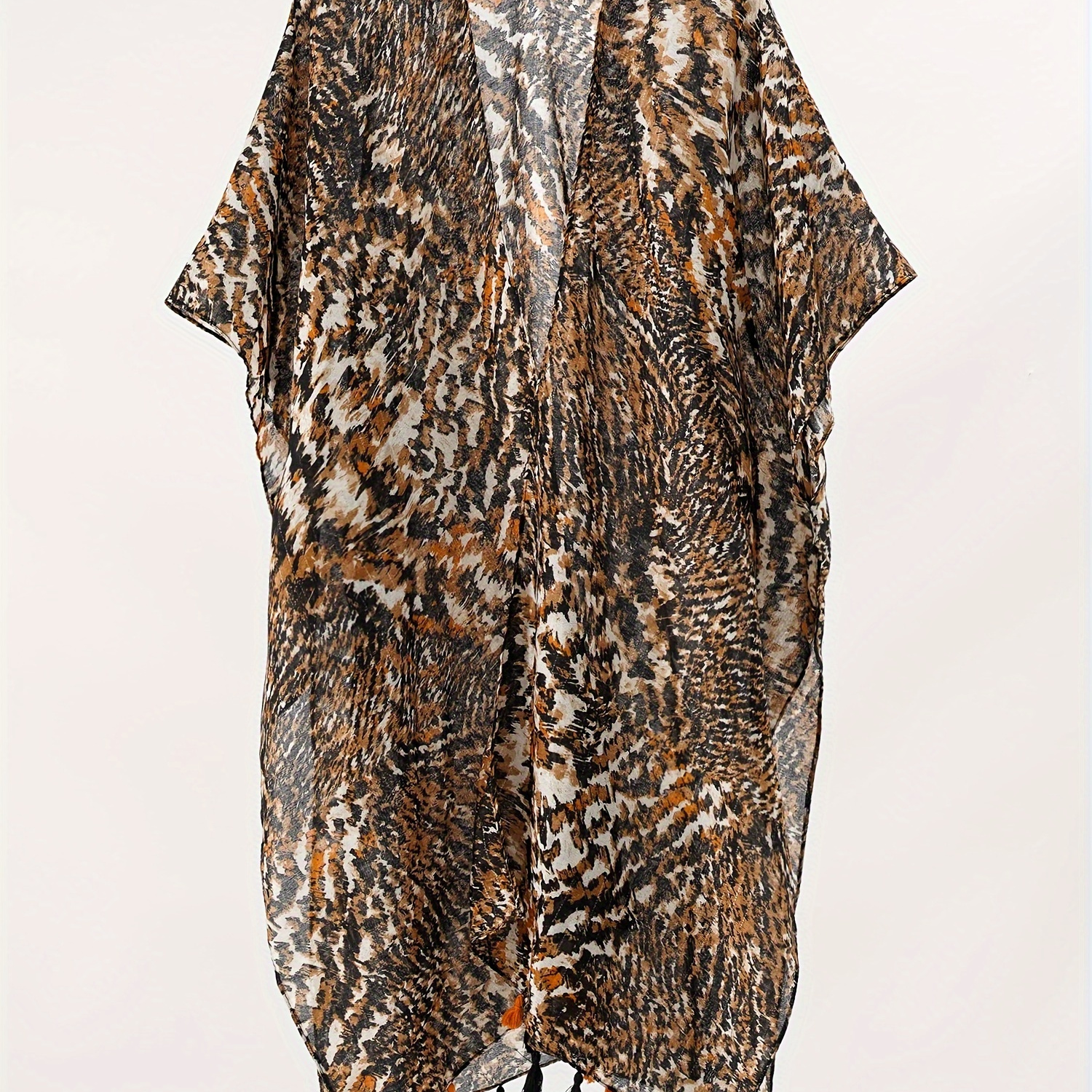 

Leopard Print Open Front Top, Vacation Batwing Sleeve Split Hem Tassel Decor Top For Spring & Summer, Women's Clothing