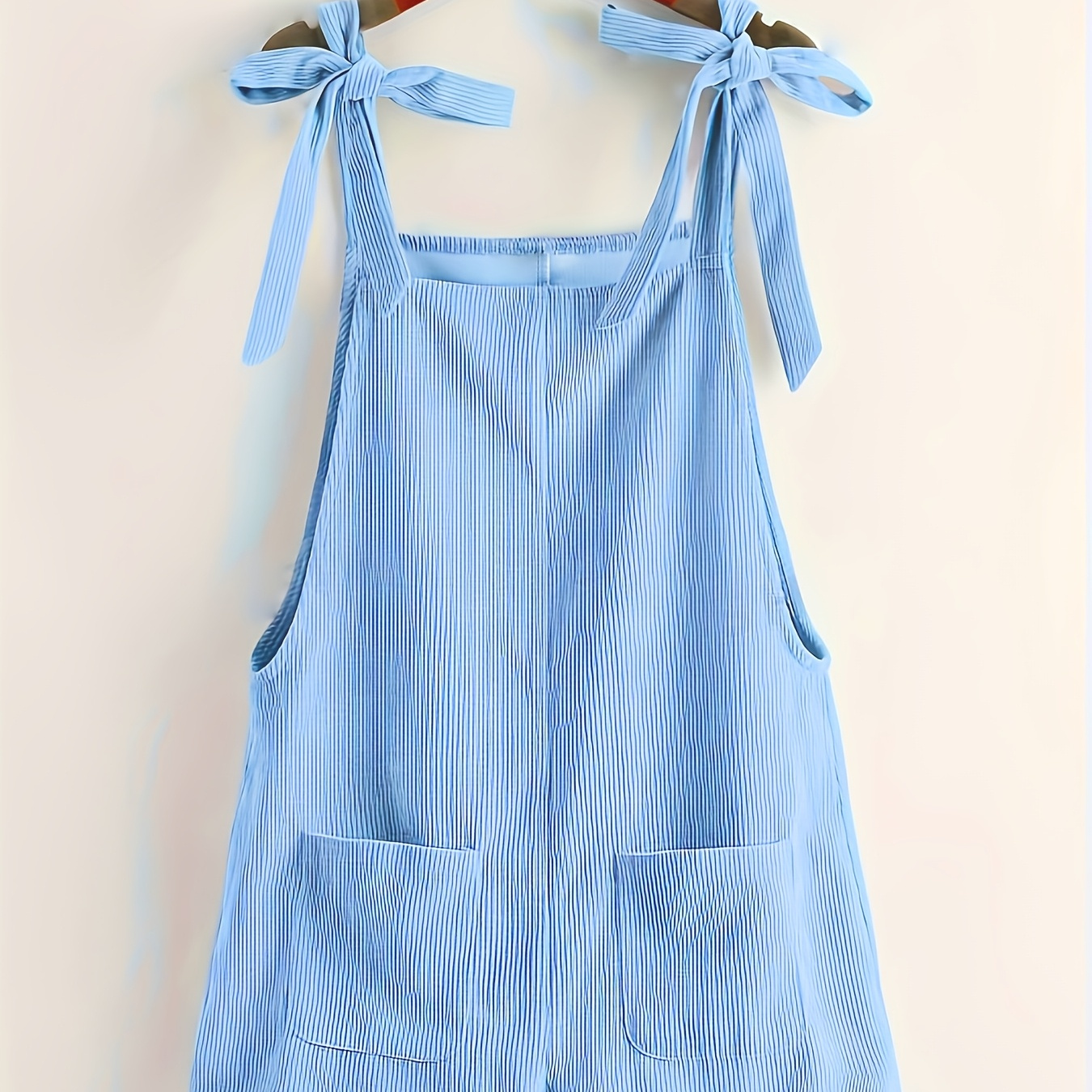 [Chic Overalls] Elegant Light Blue Corduroy Women's Overalls | Polyester Jumpsuit with Tie-Up Straps, Pockets - for Spring/Summer/Fall