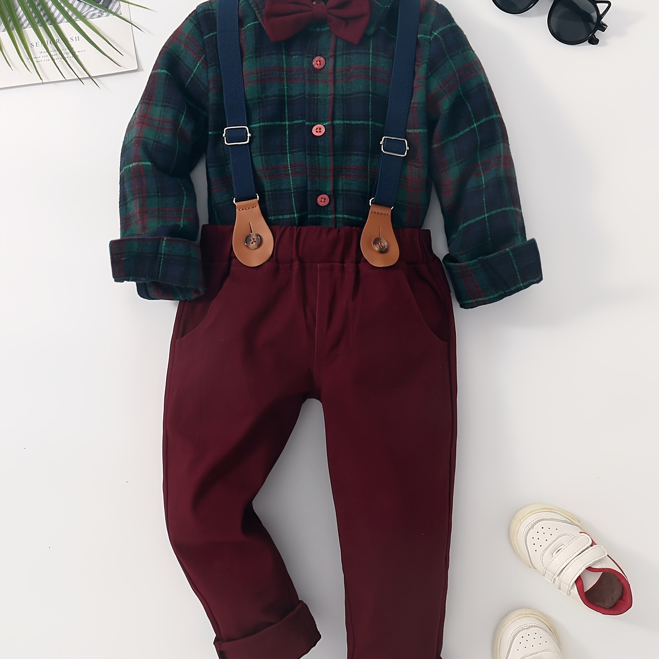

Boy's Color Clash Gentleman Outfit, Bowtie Plaid Pattern Shirt & Overalls Set, Formal Wear For Speech Performance Birthday Party, Kid's Clothes, As Christmas Gift