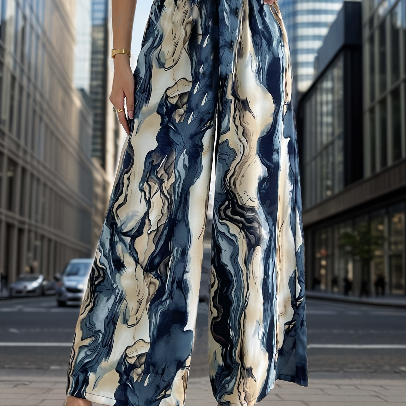 

Marble Print High Waist Pants, Casual Wide Leg Pants For Spring & Summer, Women's Clothing