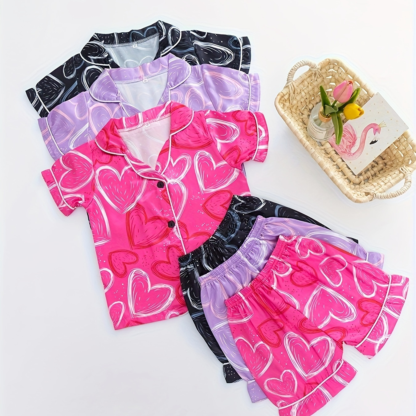 

3 Sets Girl's Casual Home Wear Set, Cute Heart Print Suit Collar Front Button Short Sleeve Shirt & Shorts, Comfy & Skin-friendly Set, As Daily Gift