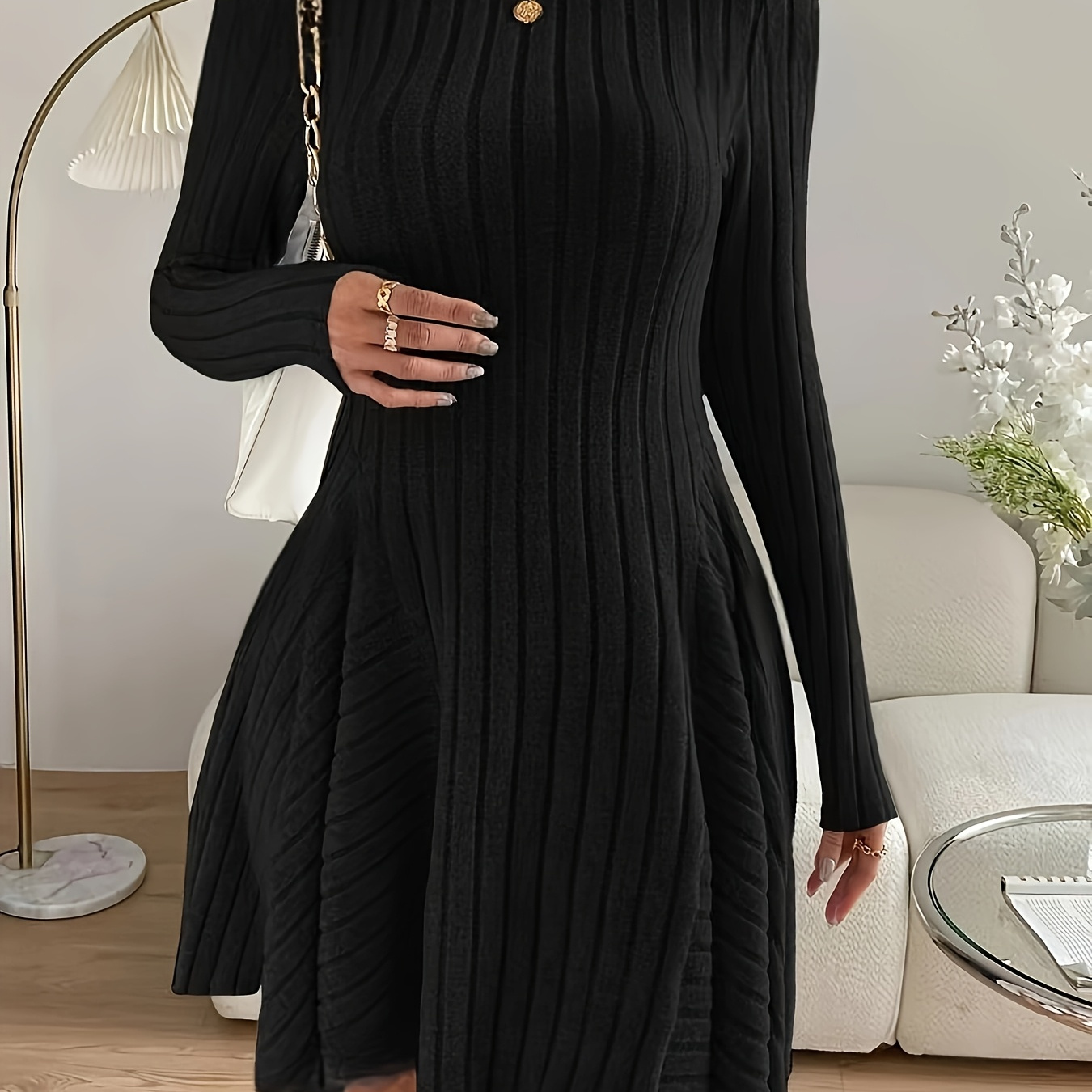 

Elegant Women's A-line Dress, 100% Polyester Knit Fabric, Crew Neck, Pleated Detail, Solid Color, , 200g/m² - Adult Fashion