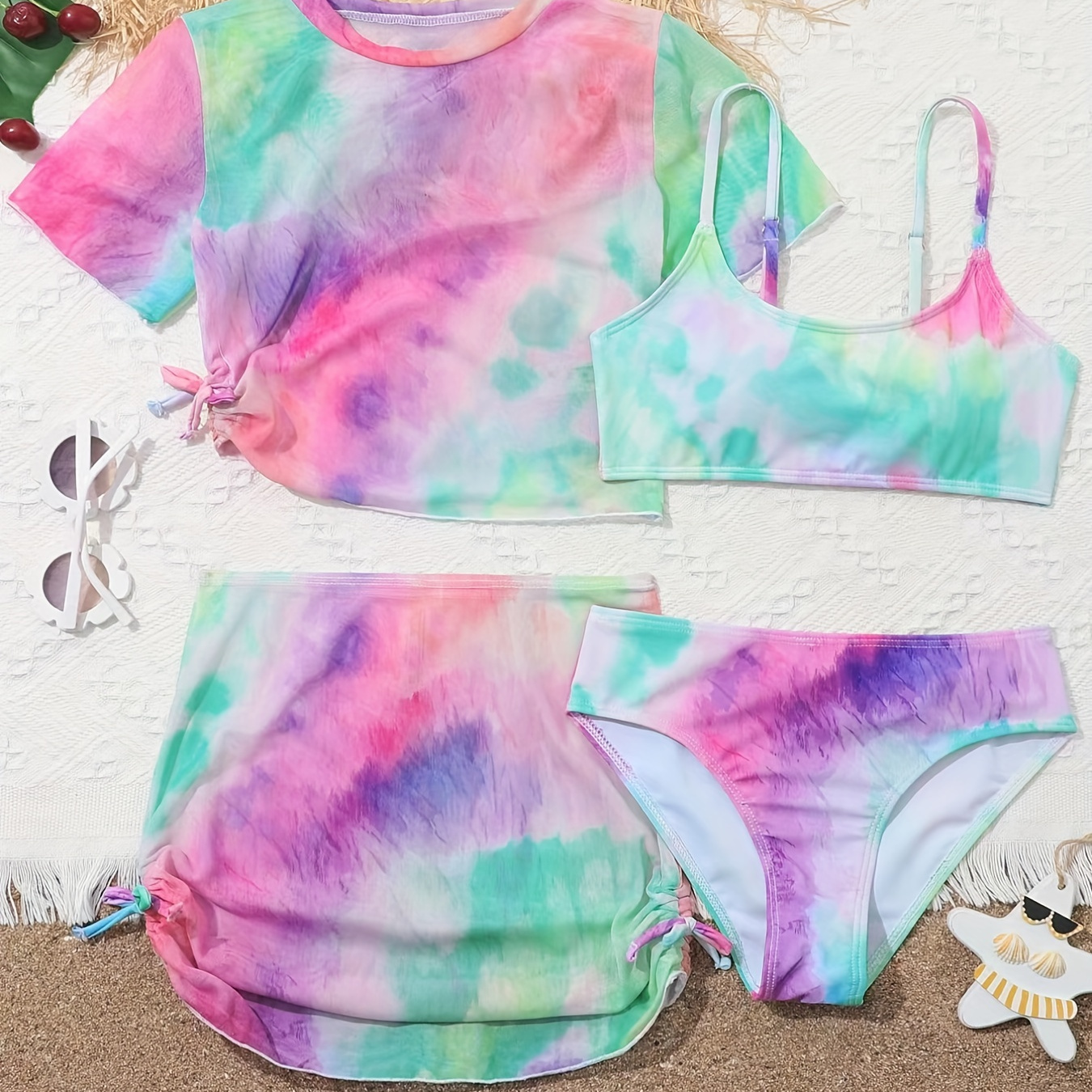 

Tie Dye Swimwear 2 Sets For Girls, Adjustable Bikini Set + Cover-up Outfits 3-piece Swimsuit Fashion Style Beach Holiday Bathing Suit
