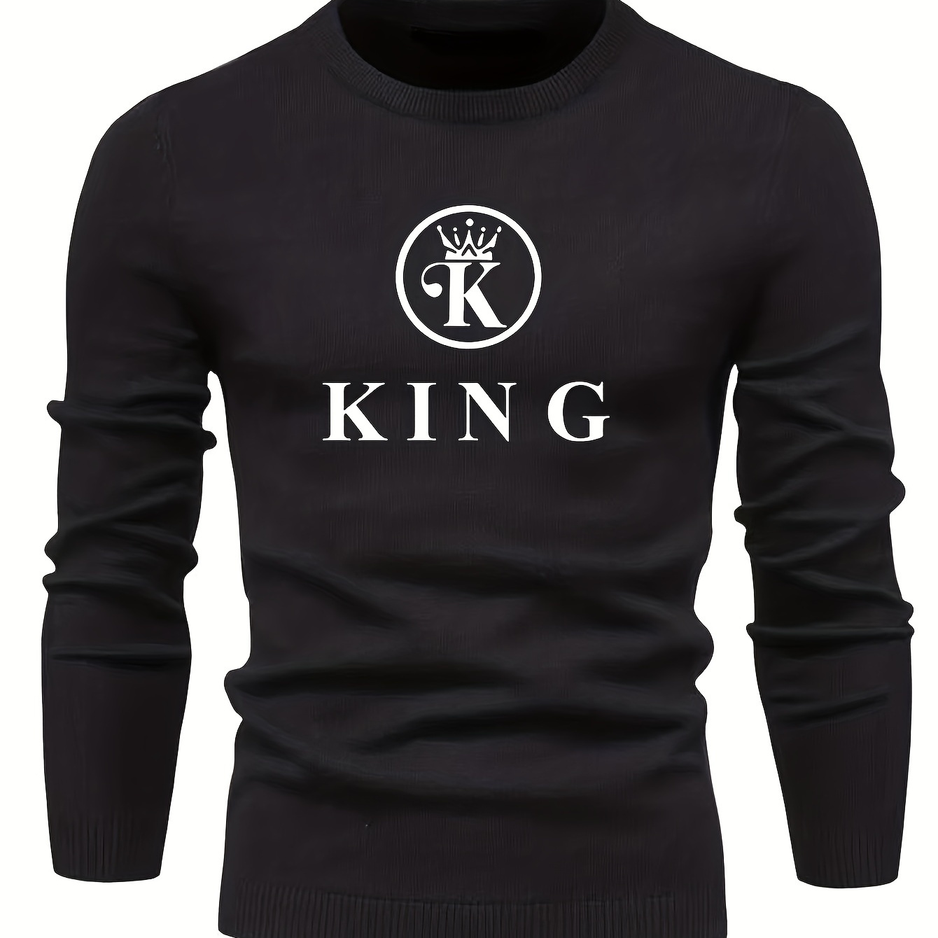 Men's Knit Pullover With "KING" & Crown Print, Oversized Fashion Long Sleeve Sweater For Spring/autumn, Men's Clothing, Plus Size