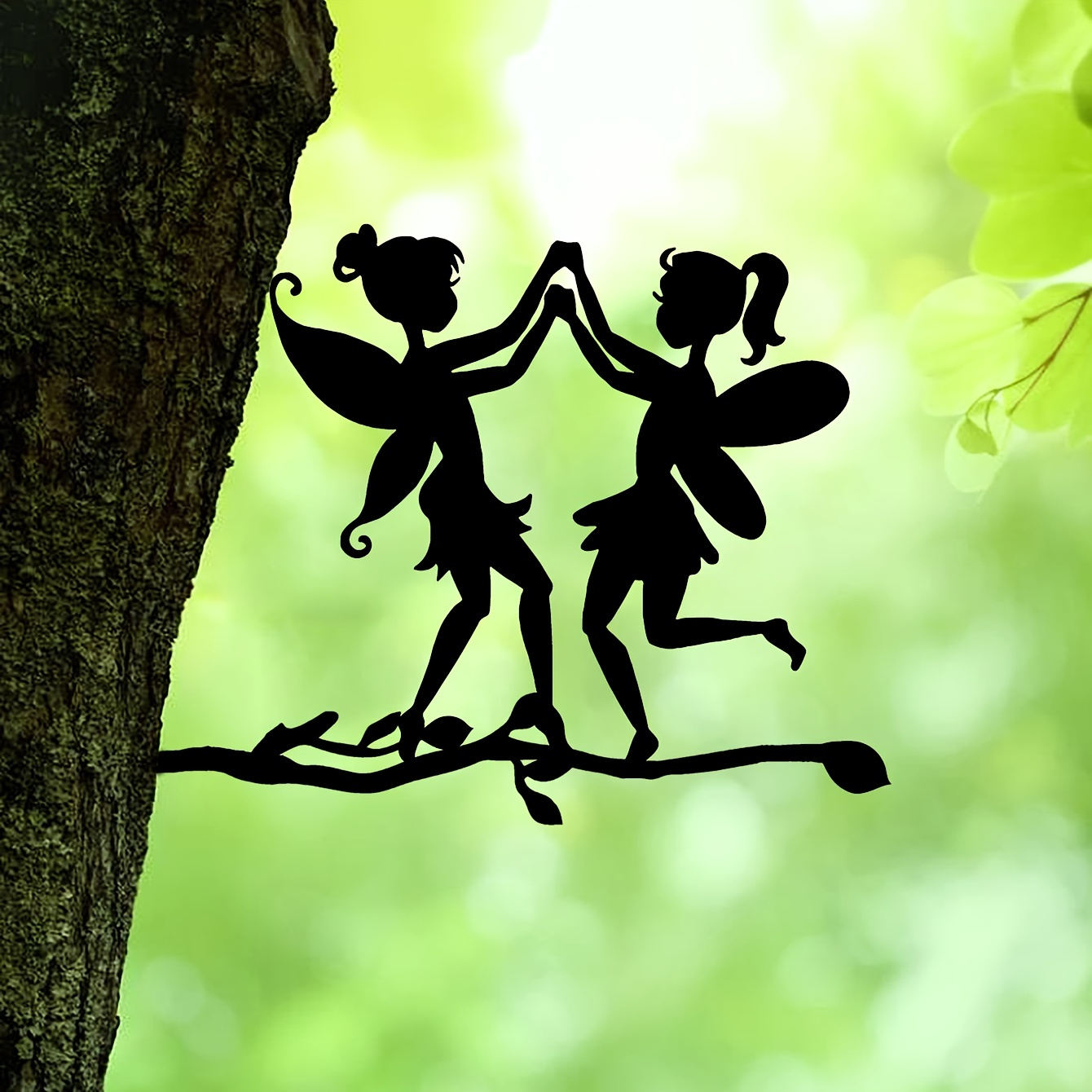 Add a Magical Touch to Your Garden with this Two Elves On Branch Steel Silhouette Metal Wall Art Decoration