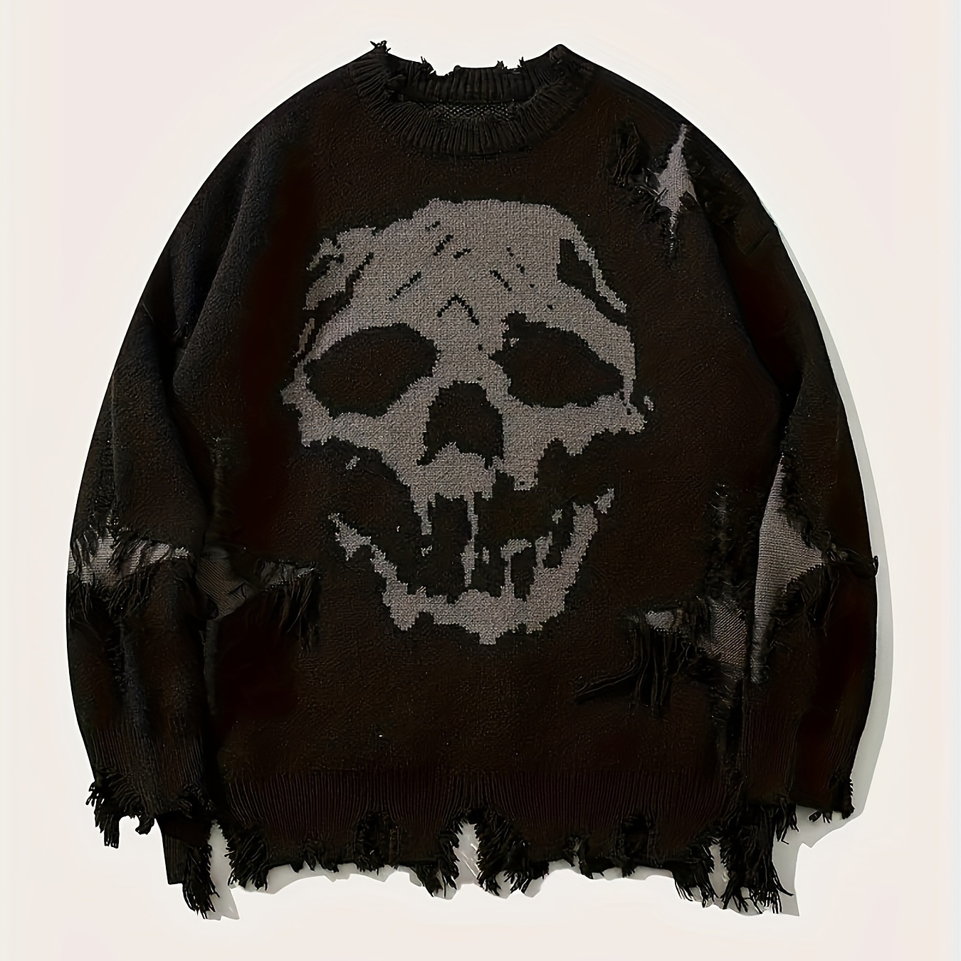 

Men's Gothic Skull Knit Sweater - Soft, Breathable Acrylic-polyester , Distressed Detail, Machine Washable - Ideal For Casual Sports & In Autumn/winter, Style, Conventional Version, Autumn/winter