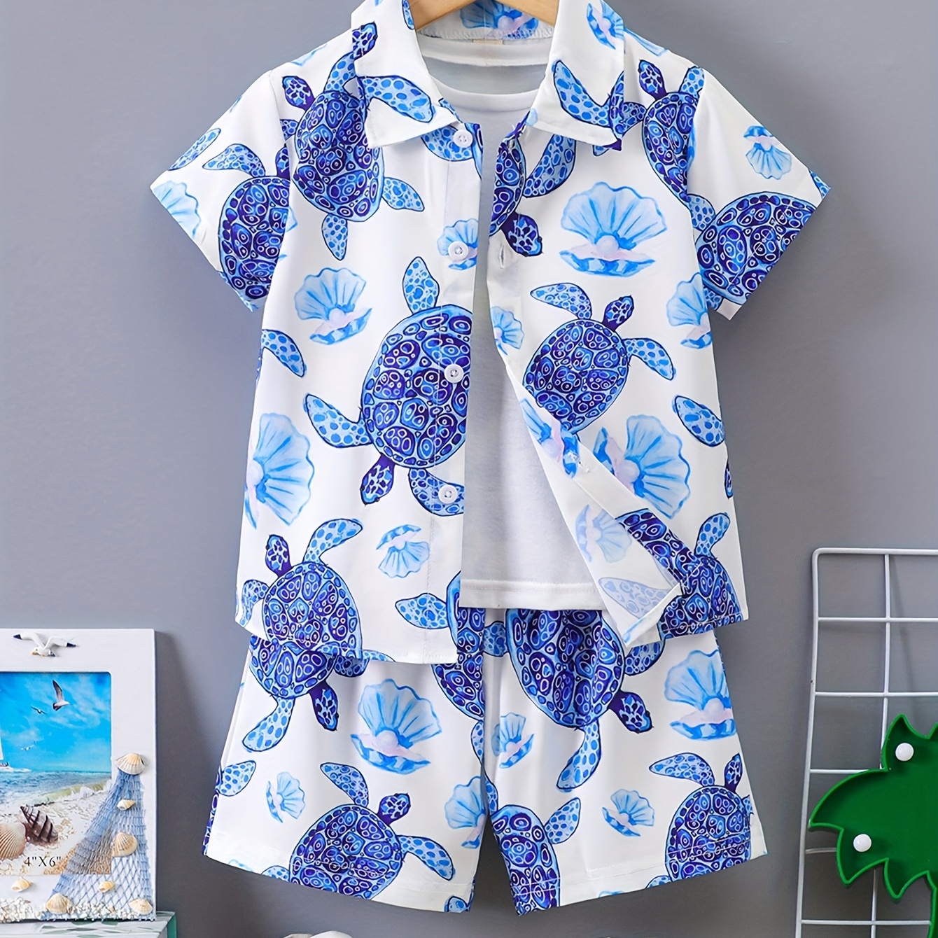 

2pcs, Allover Turtle Pattern Short Sleeve Lapel Shirt + Shorts Set For Boys, Breathable Versatile Set Casual Summer Gift