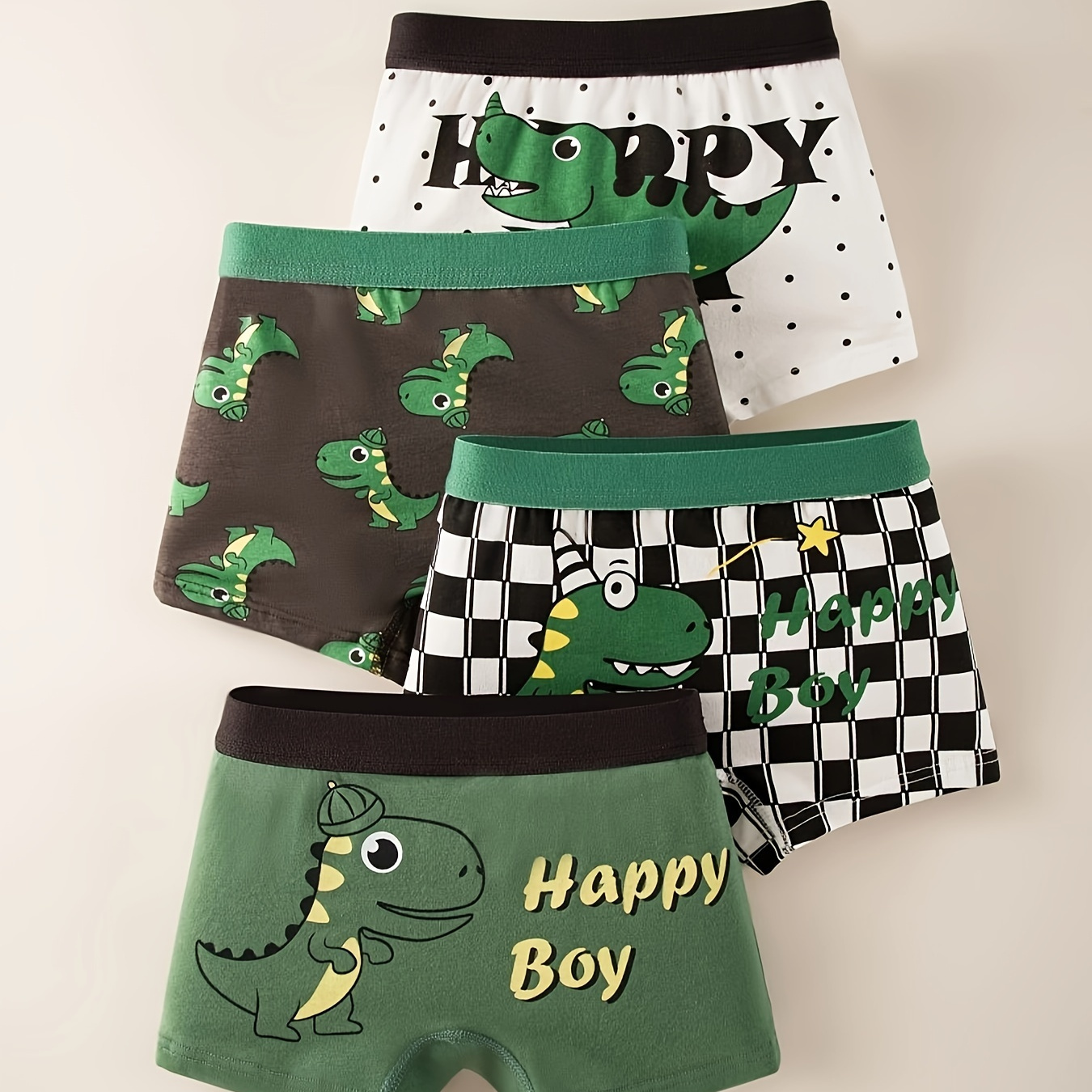 

4pcs Children's Boxer Briefs Cute Cartoon Dinosaur Print Cotton Bottoming Underwear Soft Comfy Breathable Kids Shorts For All Seasons
