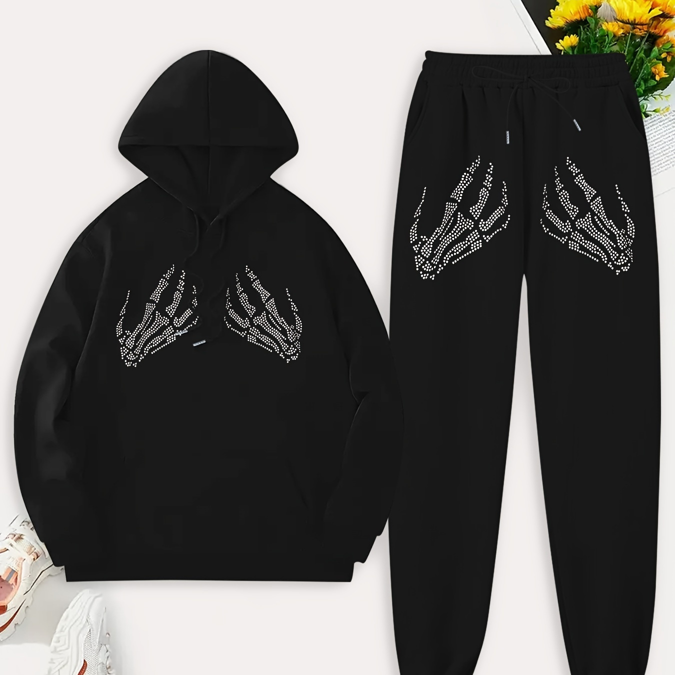 

Women's Skull Print Hoodie & Joggers Set - Casual Long Sleeve With Pockets, Polyester , Machine Washable - Fall/winter