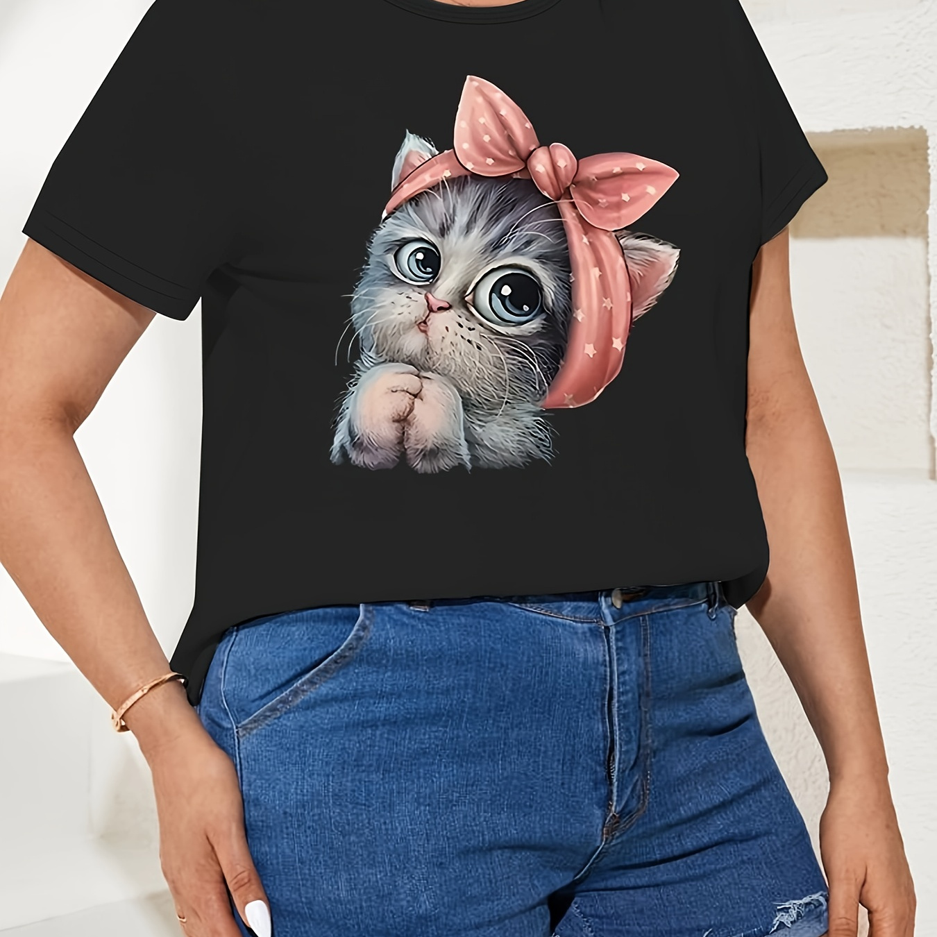 

Plus Size Cat Print T-shirt, Casual Crew Neck Short Sleeve T-shirt, Women's Plus Size clothing