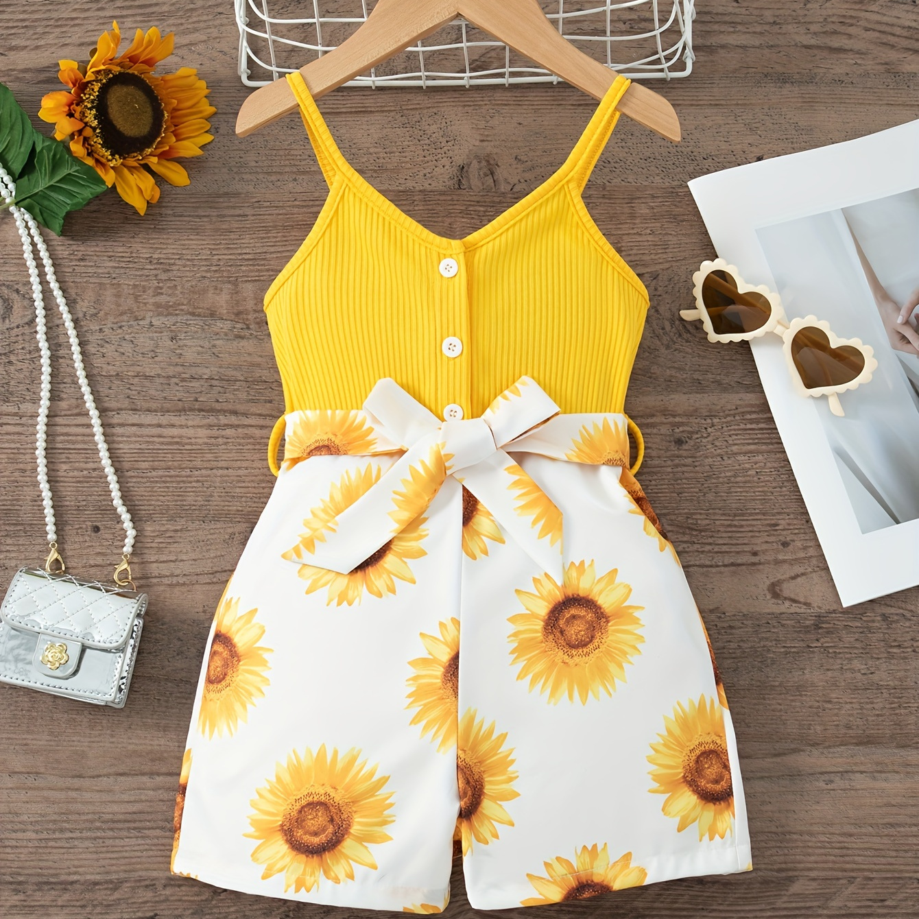 

Girls Splicing Sunflower Graphic Cami Jumpsuit With Bow Belt For Summer Party