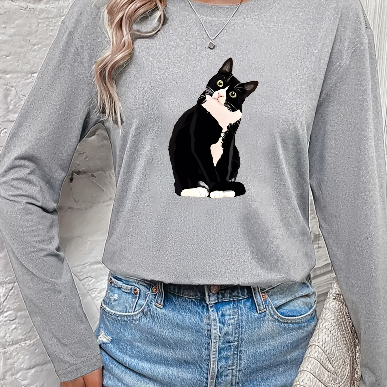 

1pc Whimsycat Women's Casual Long Sleeve T-shirt, Cute Cat Print, Polyester 95% Spandex 5%, Crew Neck, Knit Fabric With Slight Stretch, Fashionable Sports Top For All