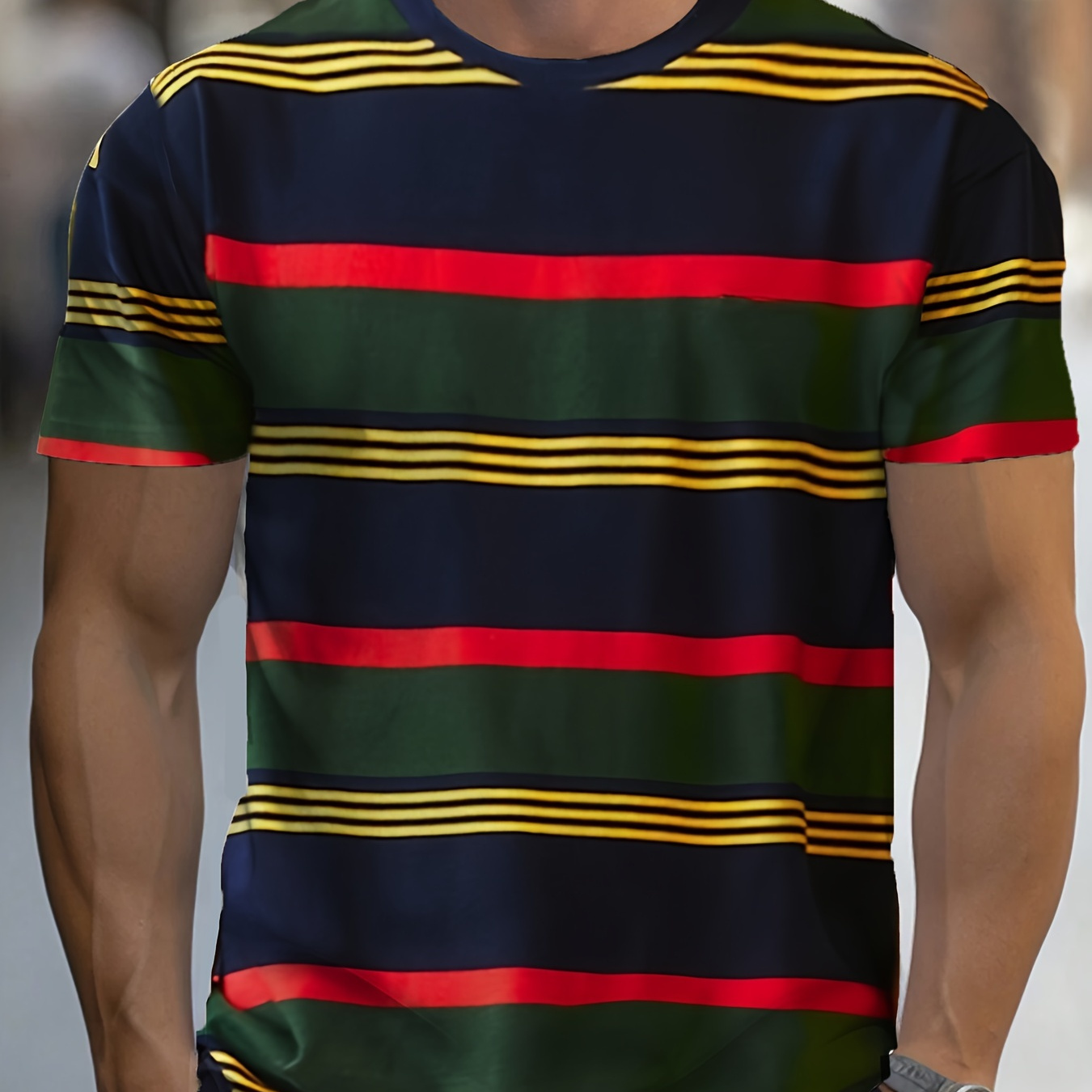 

Stripe Pattern Crew Neck And Short Sleeve T-shirt, Chic And Stylish Tops For Men's Summer Street Wear