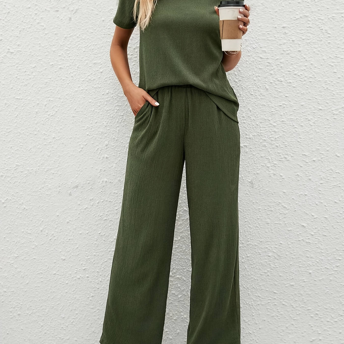 

Elegant Solid Color Pants Set, Crew Neck Short Sleeve Top & Pocket Pants Outfits For Spring & Summer, Women's Clothing