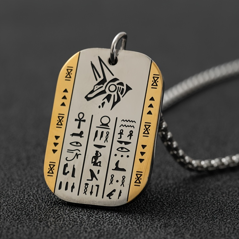 

Funky Egyptian Hieroglyphics Pendant Necklace, Vintage Stainless Tag With Cuneiform , Hip Hop Punk Rock Jewelry For Men