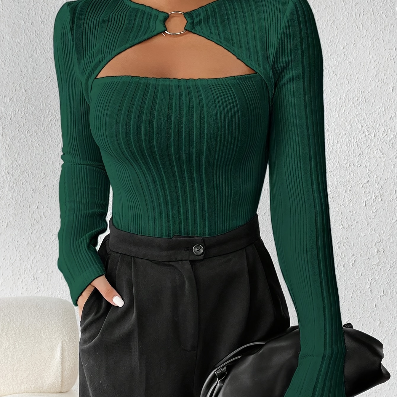 

Cut Out Ring Linked T-shirt, Elegant Slim-fit Long Sleeve Top For Spring & Fall, Women's Clothing