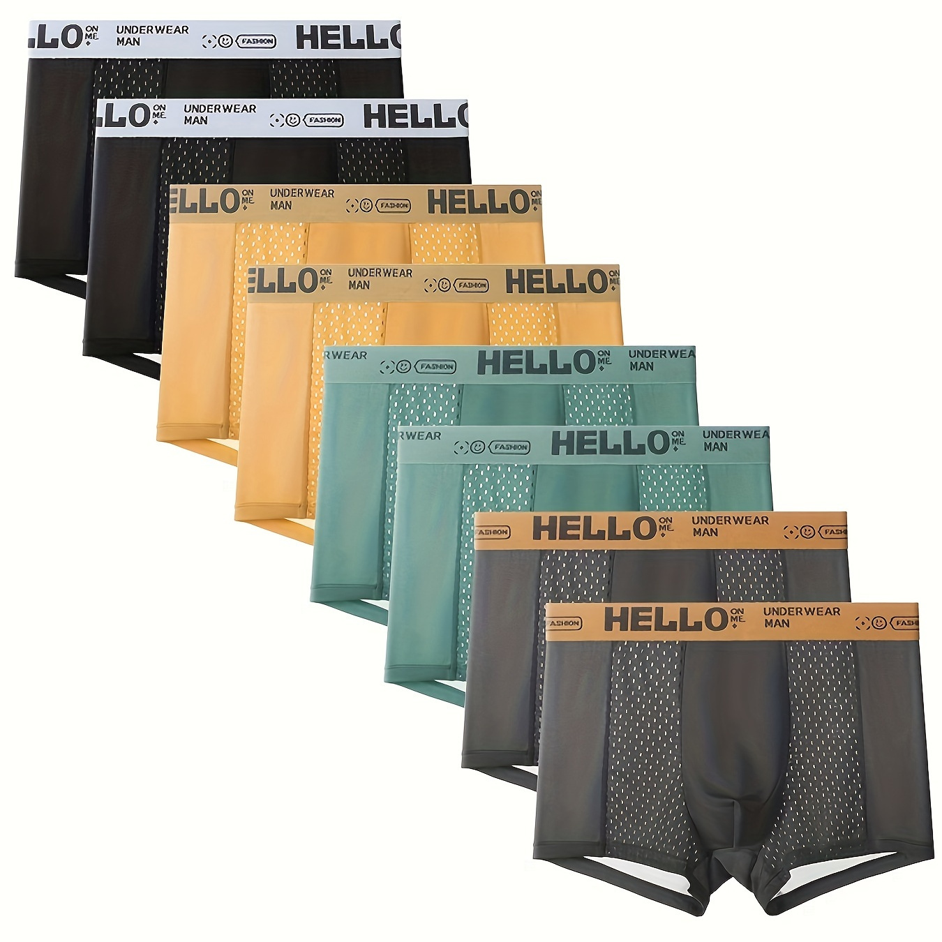 

8pcs Men's Summer Mesh Ice Silk Boxer Briefs, Hello Breathable Comfy Stretchy Boxer Trunks, Sports Shorts, Men's Casual Underwear