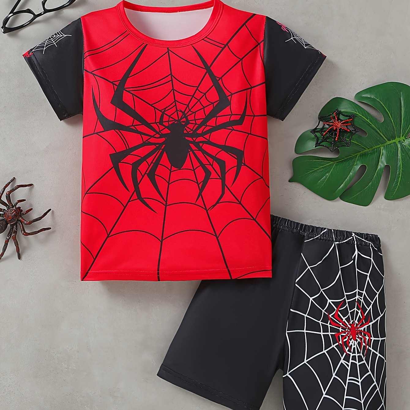 

Boys Spider Guy Costume Short Sleeve T-shirt And Shorts Set, Red And Black, Halloween Party Wear, Superhero Outfit For Boys