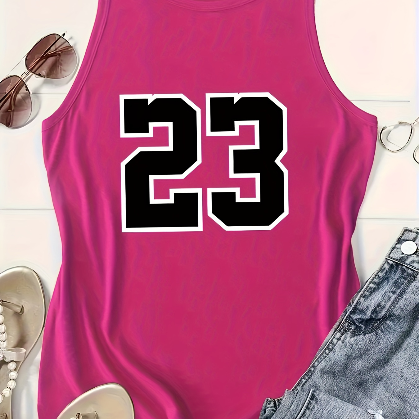 

Women's Fashion "23" Print Sleeveless Tank Top, Casual Round Neck, Color Block, Athletic Racerback Vest