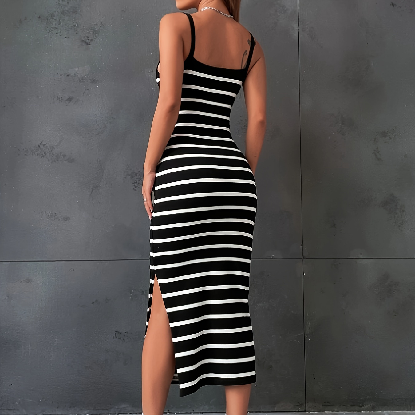 

Striped Print Side Split Cami Dress, Casual Sleeveless Dress For Summer, Women's Clothing