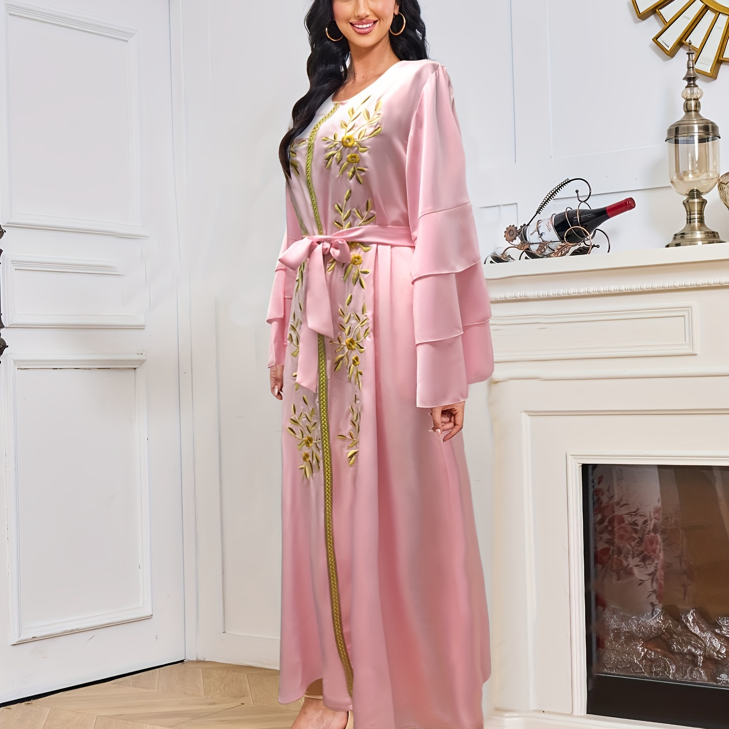 women's light pink arabian dance dress women's light pink arabian dance dress Kamala Pale Pink & Curled Leaf  Embroidery Long Dress  Maison Safiyaa USA