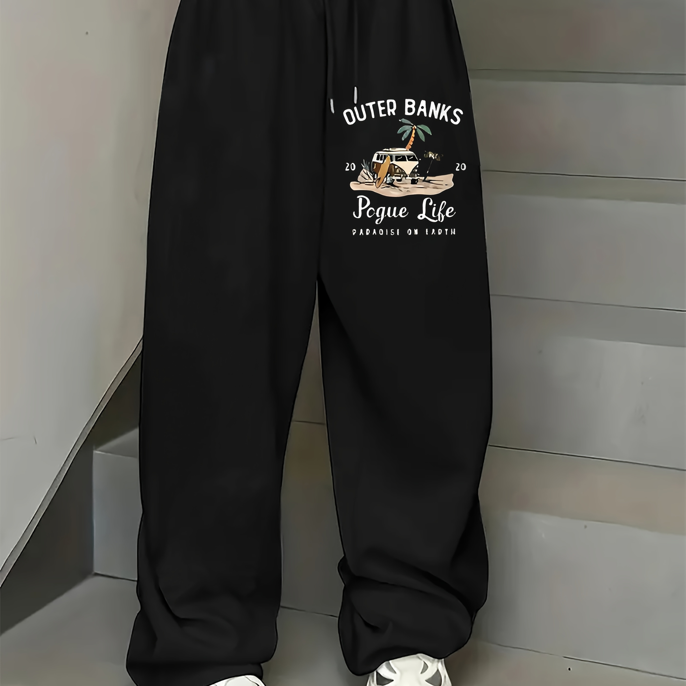 Women'S Black Beach-Themed Printed Sweatpants - "Outer Banks" Design with Lighthouse & Palm Tree Illustration, Casual Knit Fabric, Perfect for Spring & Fall, Casual Wear|Beachthemed Apparel|Polyester Fabric