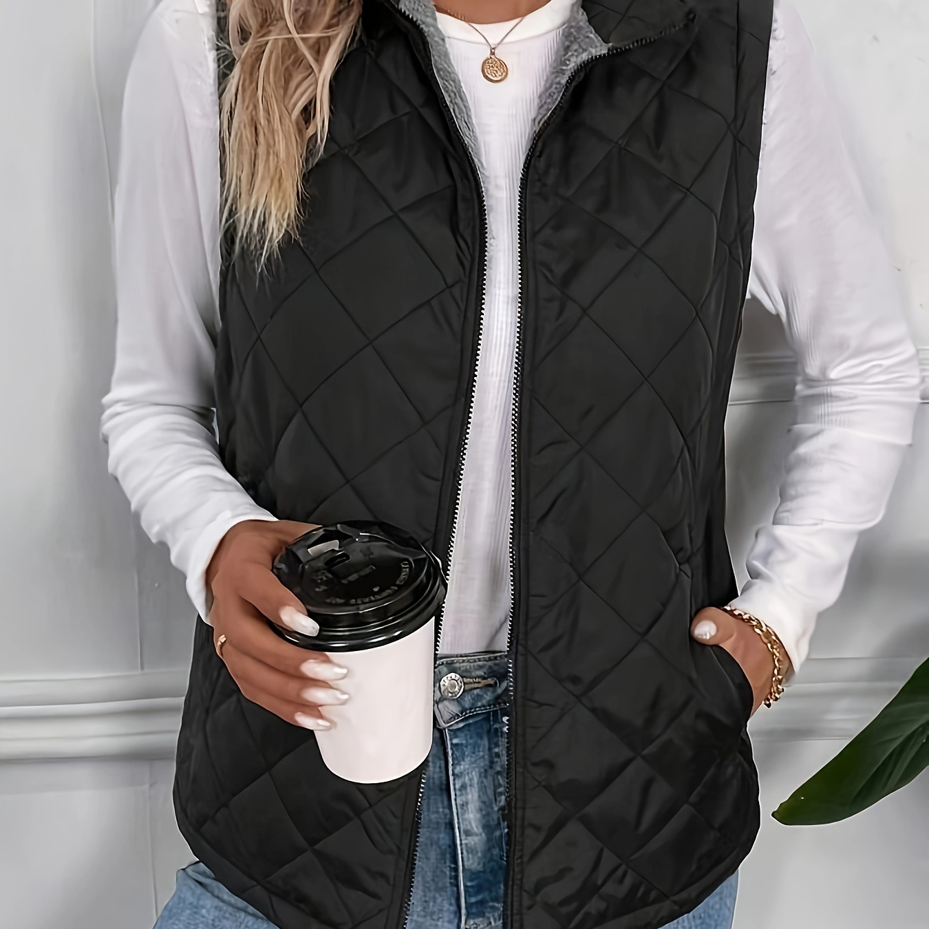 

Zip-up Puffy Lapel Quilted Vest, Casual Thermal Sleeveless Pockets Vest For Fall & Winter, Women's Clothing