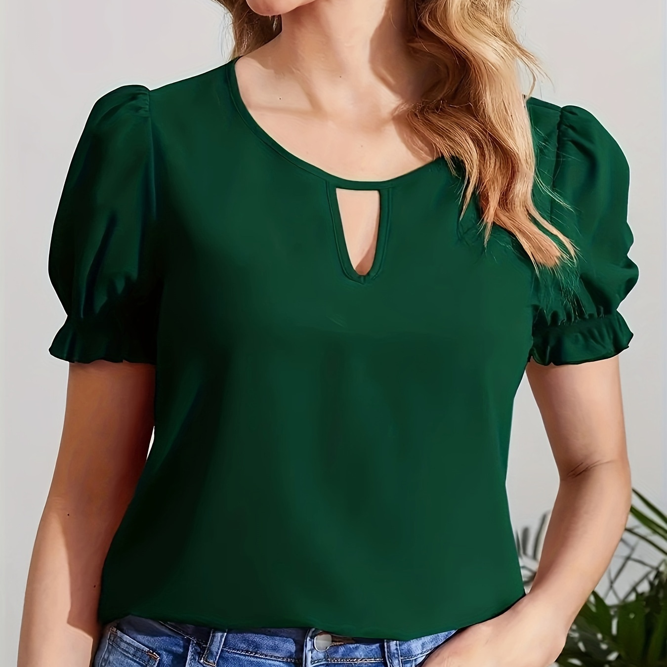

Keyhole Neck Blouse, Elegant Puff Sleeve Top For Spring & Summer, Women's Clothing