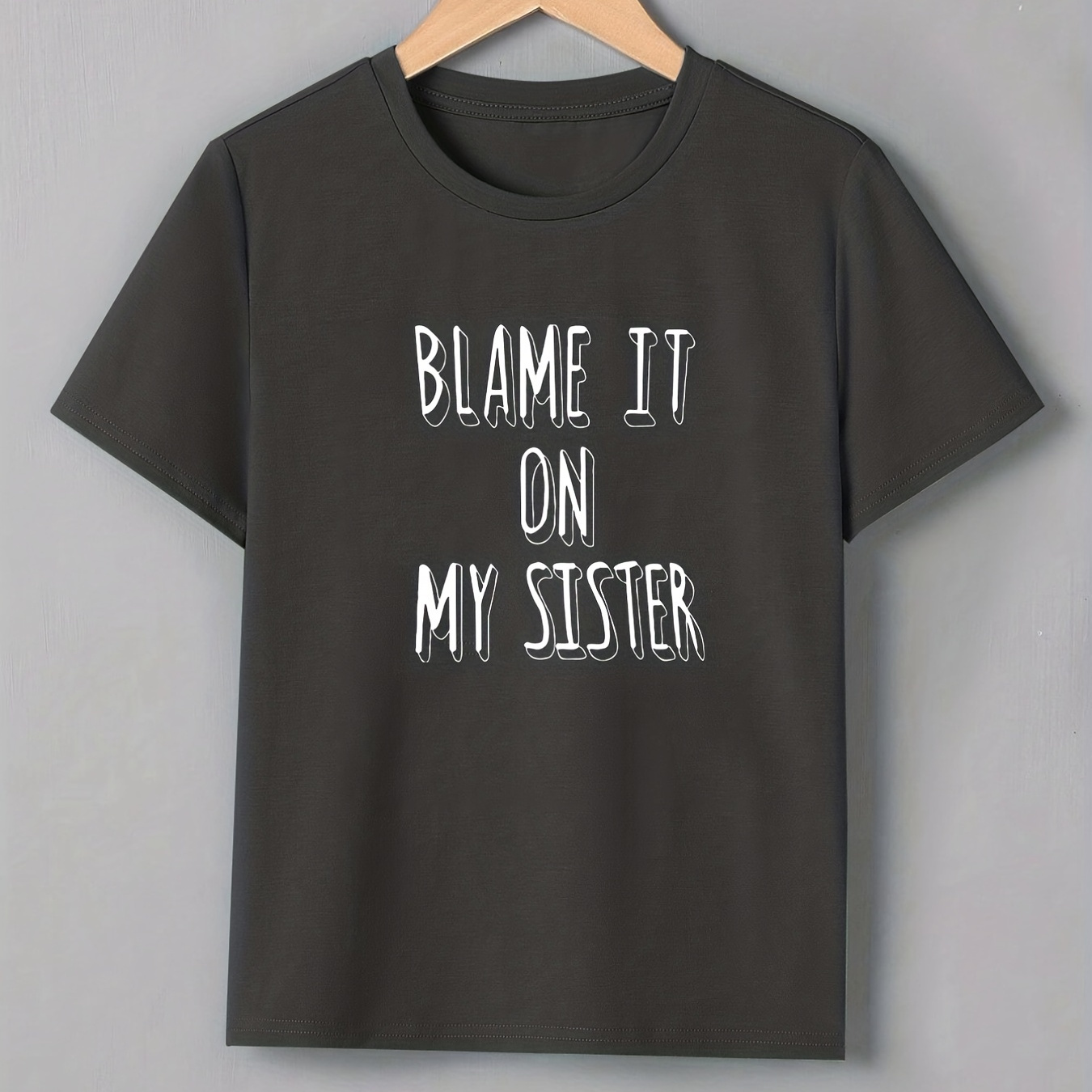 BLAME IT ON MY SISTER Letter Print Boys Creative T-shirt, Casual Lightweight Comfy Short Sleeve Tee Tops, Kids Clothings For Summer