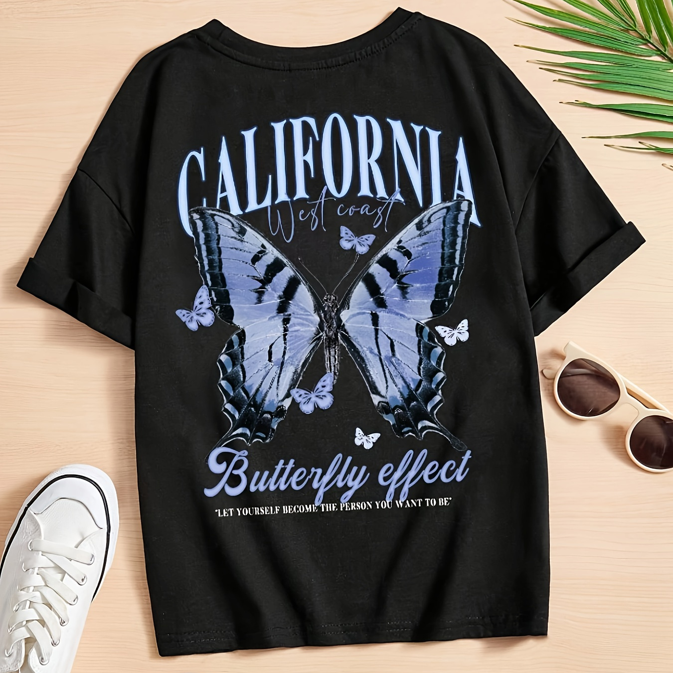 

Butterfly Print Drop Shoulder T-shirt, Short Sleeve Crew Neck Casual Top For Spring & Summer, Women's Clothing