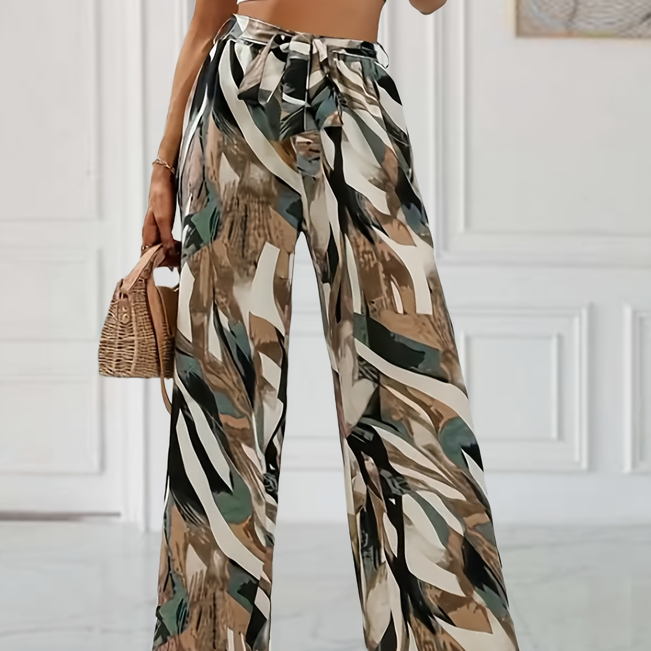 

Allover Print Straight Leg Pants, Elegant Tie Front Loose Pants For Spring & Summer, Women's Clothing