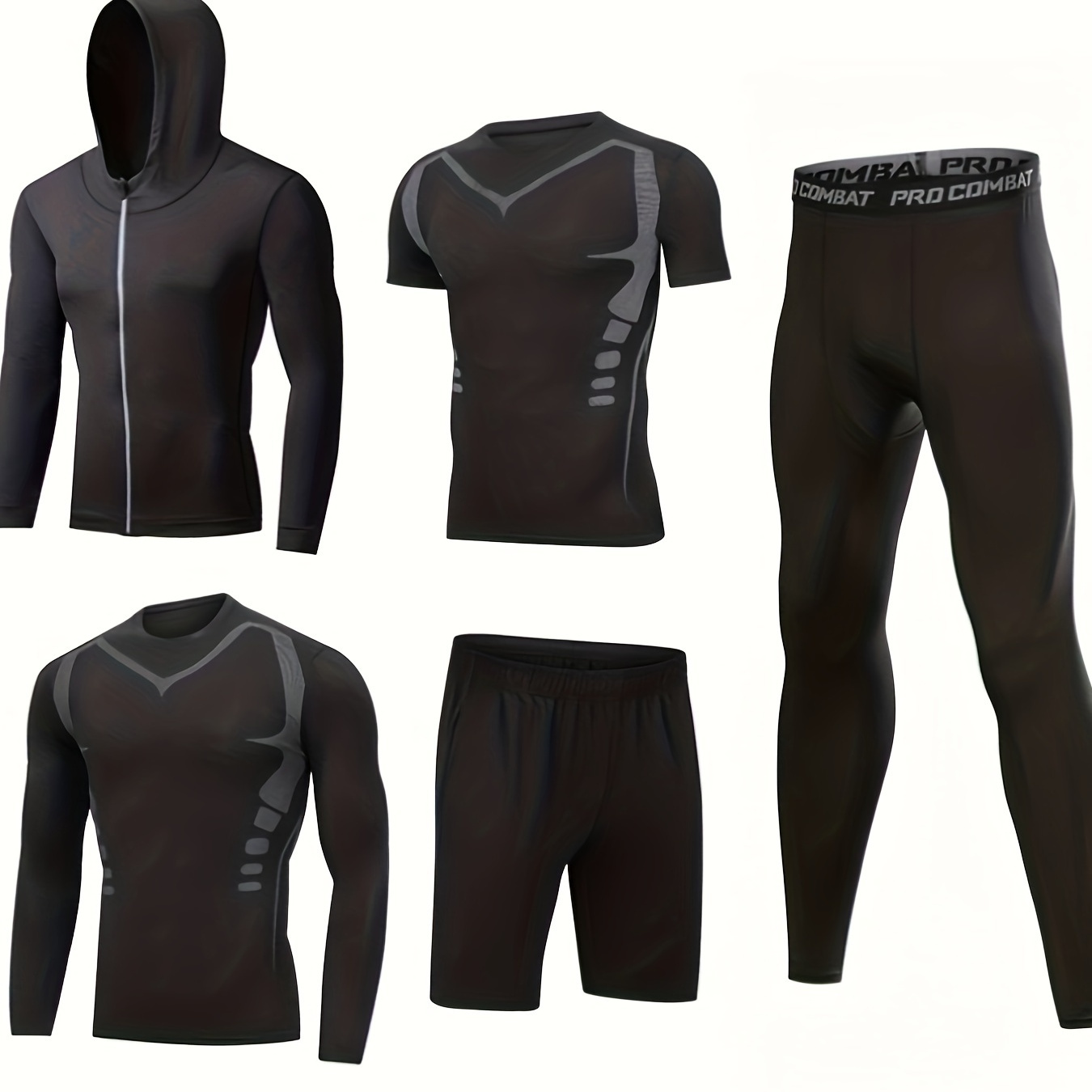 

5-piece Men's Solid Quick-drying Training Suit Set, Zip Up Long Sleeve Hooded Jacket & Active Leggings & Short Sleeve T-shirts & Long Sleeve T-shirts & Breathable Shorts