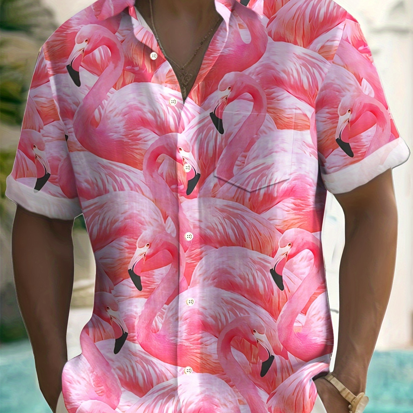 

Flamingo Print Men's Casual Lapel Neck Short Sleeve Shirt With Button, Hawaiian Style, Summer Holiday