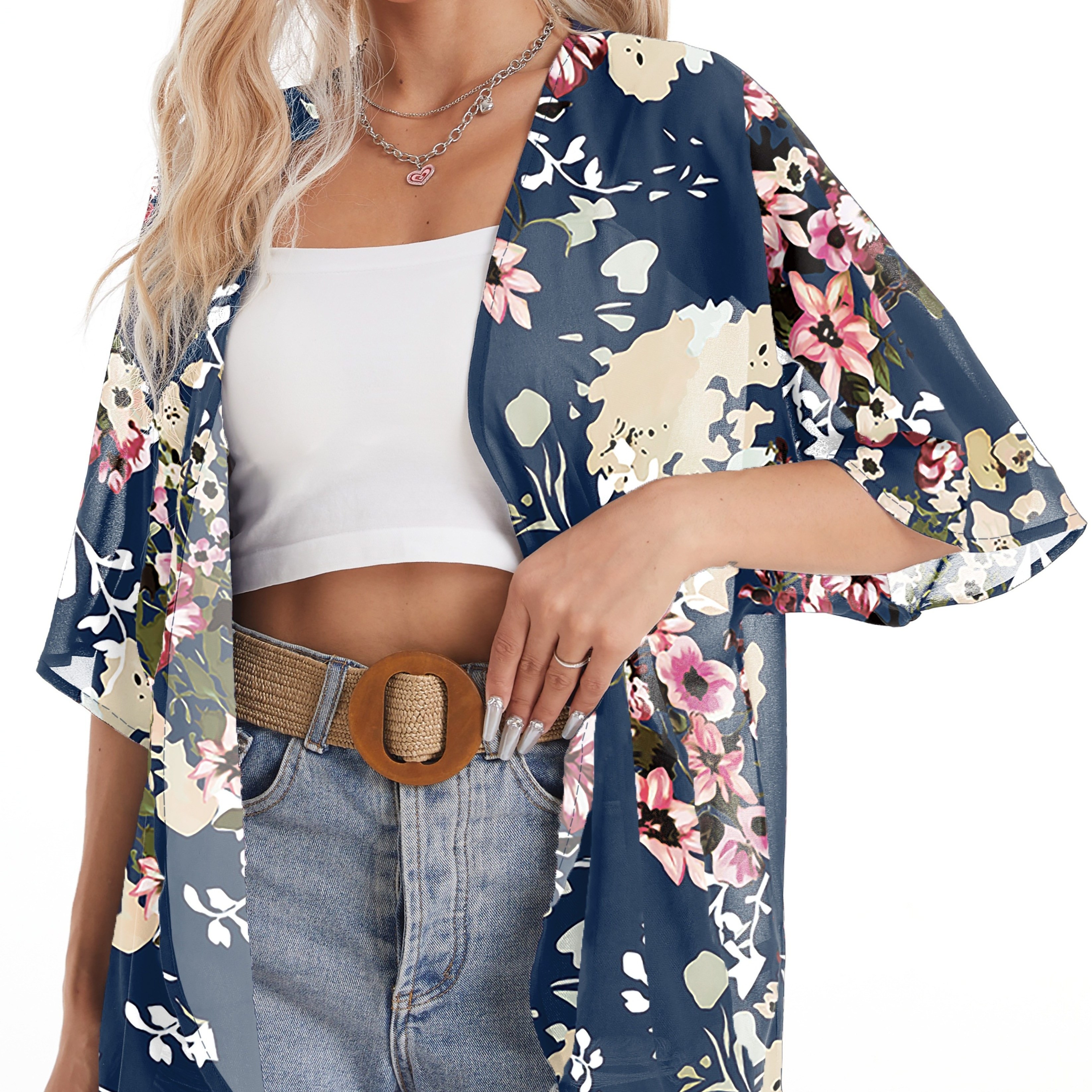 

Floral Pattern Vacay Cover Up, V Neck Semi-sheer Chiffon Beach Cardigan, Women's Swimwear & Clothing