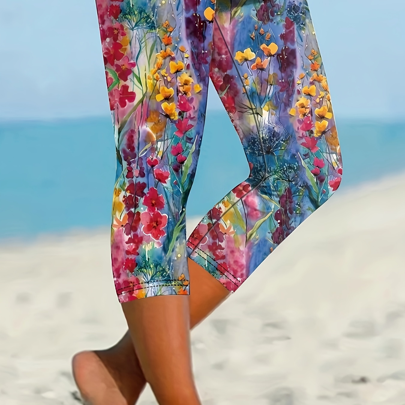 

Floral Print Skinny Capri Leggings, Casual Elastic Waist Stretchy Leggings For Spring & Summer, Women's Clothing