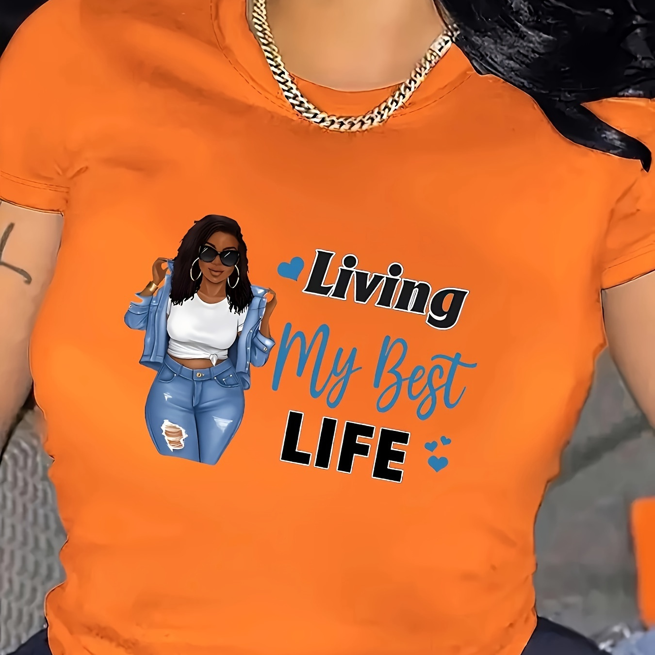 

Plus Size Living My Best Life Print T-shirt, Casual Short Sleeve Crew Neck Top For Spring & Summer, Women's Plus Size Clothing