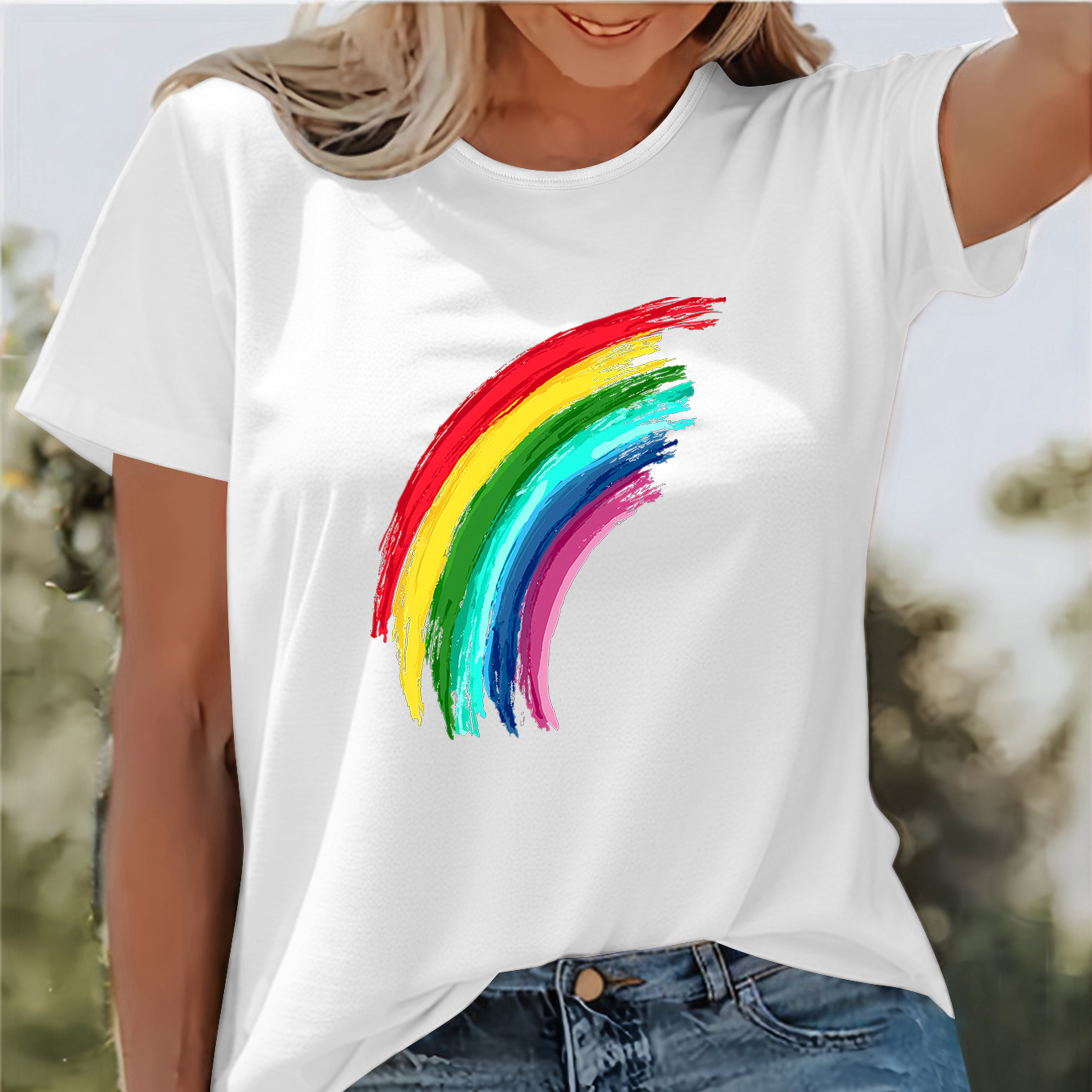 

Rainbow Print T-shirt, Short Sleeve Crew Neck Casual Top For Summer & Spring, Women's Clothing