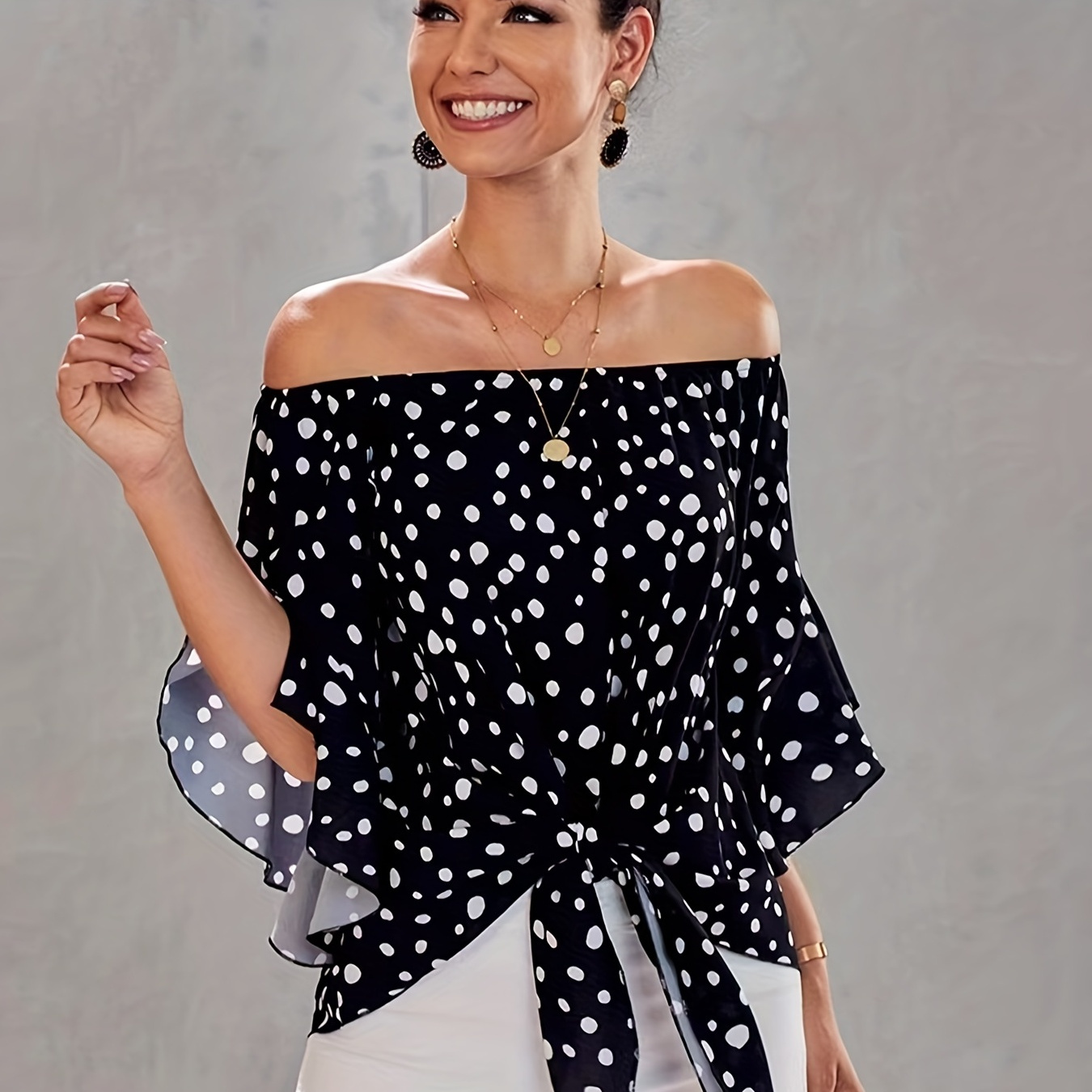 

Polka Dot Off Shoulder Tie Front Blouse, Sexy Bell Sleeve Blouse For Spring & Summer, Women's Clothing