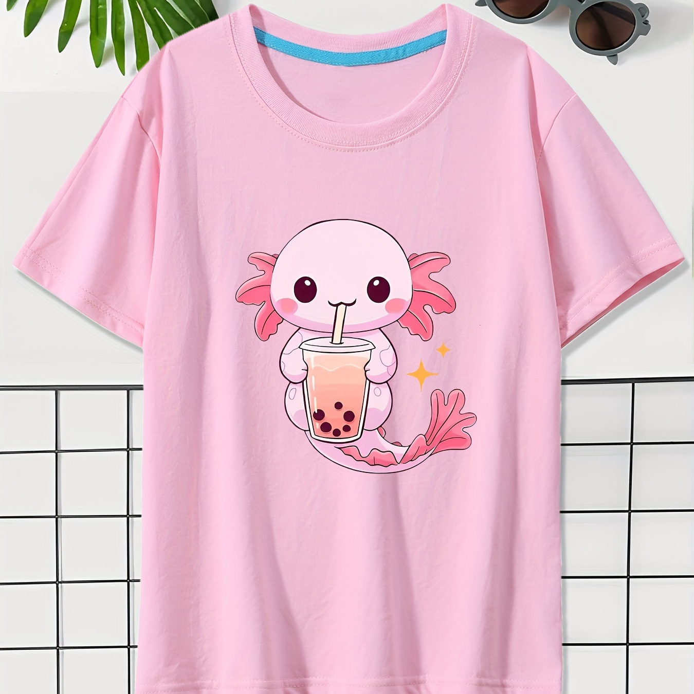 

Cute Anime Creature Drinking Bubble Tea Graphic Print For Girls, Comfy And Fit T-shirt Top Pullover For Summer For Outdoor Activities