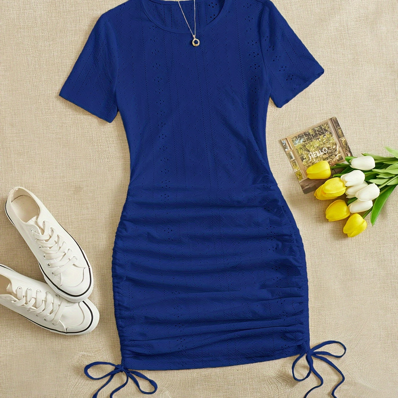 

Solid Bodycon Drawstring Dress, Casual Short Sleeve Crew Neck Dress, Women's Clothing