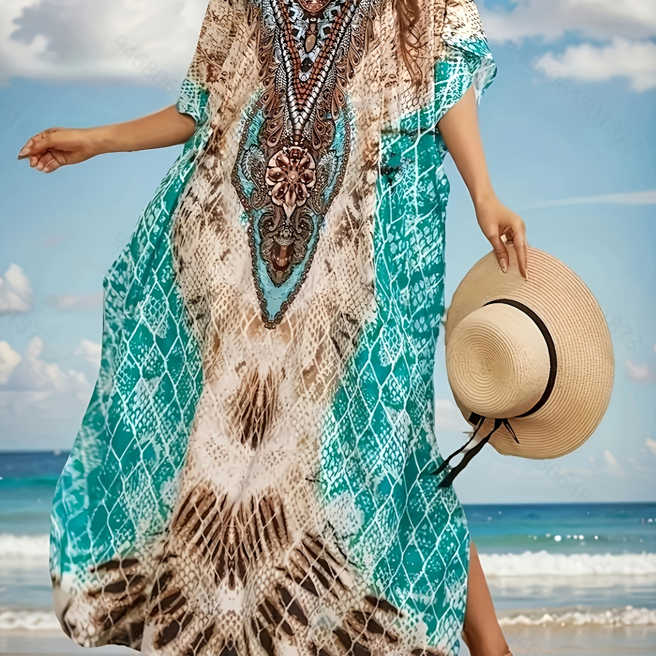 

Boho Size Kaftan Dress - Vibrant & Geometric Print, V-neck Batwing Sleeve Cover-up With Belt Detail, Loose Fit Moroccan Caftan Style For Women - Beach, Poolside, Or Summer