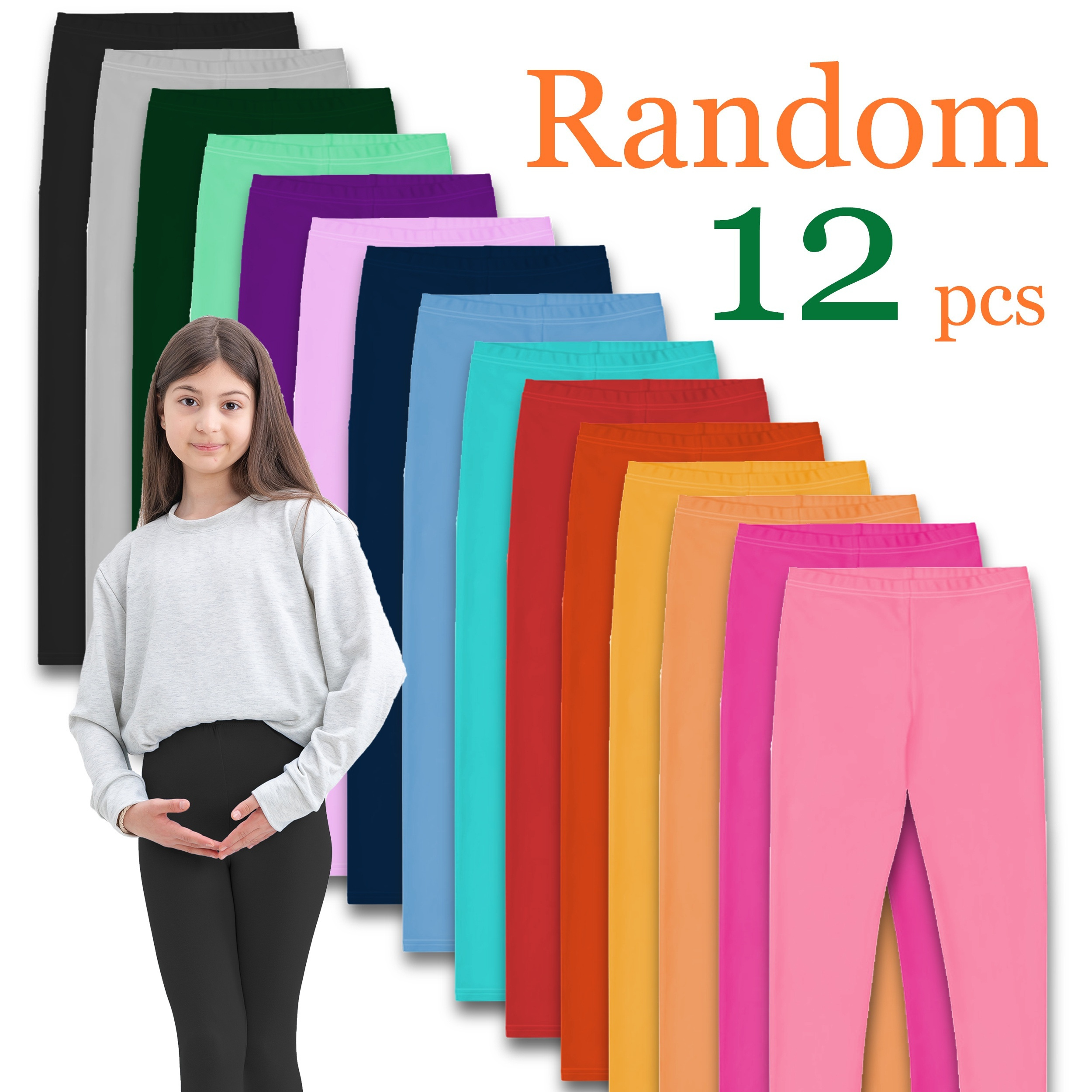 

Girls 12 Random Pieces High Solid Colored Leggings Set For Daily Wear & Exercise