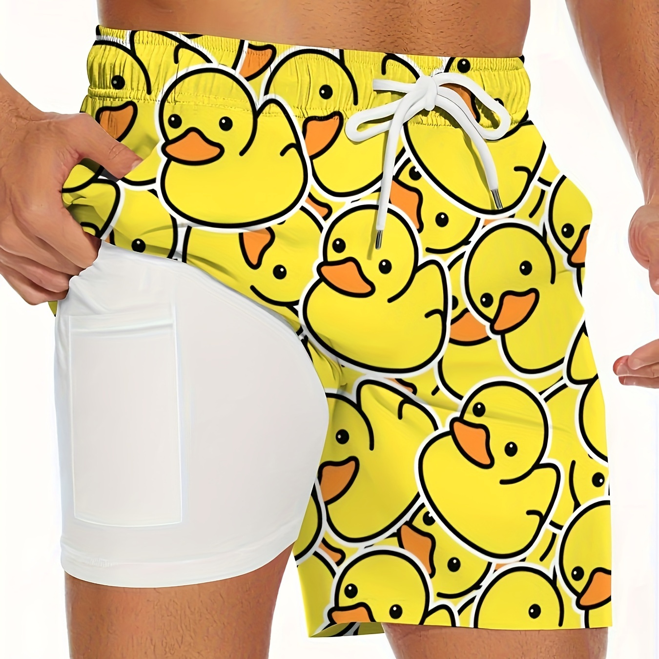 

Cartoon Ducks Digital Print Men's Quick Dry Double-layered Drawstring Shorts With Phone Pocket Design For Summer Beach Sports
