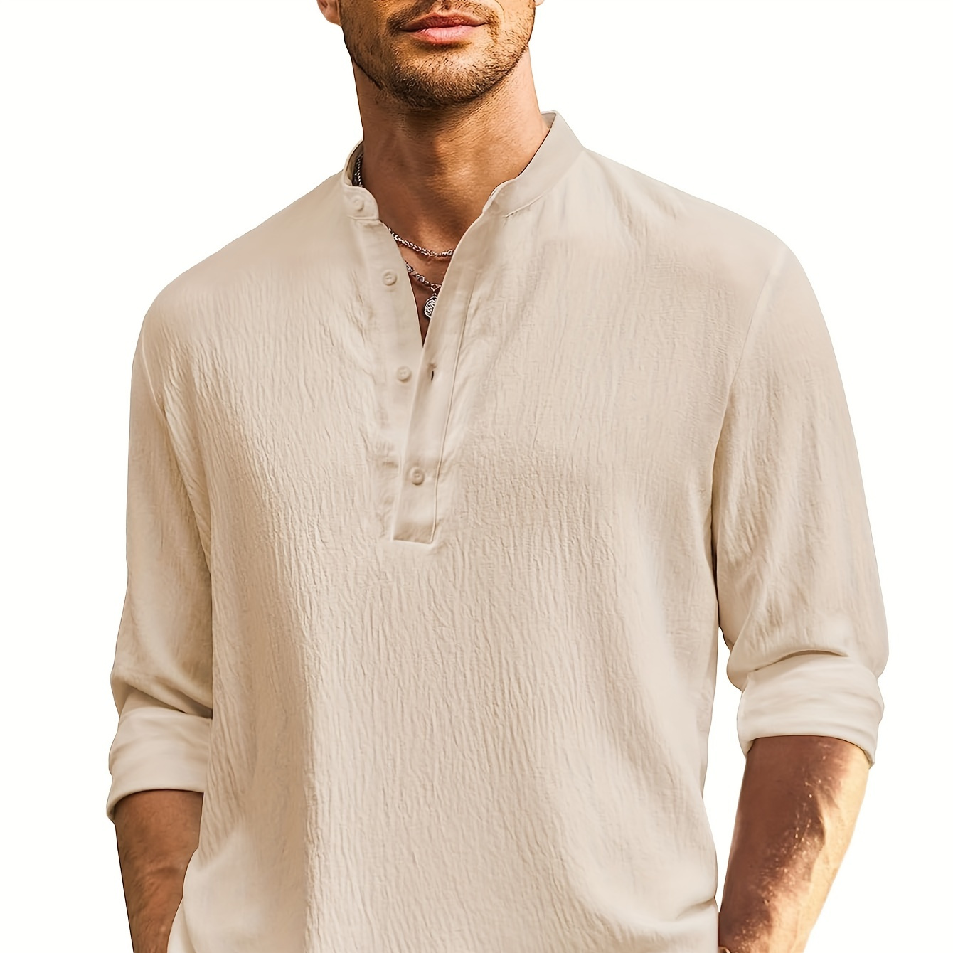 

Fashionable And Simple Men's Long Sleeve Solid Casual Stand Collar Simple Shirt, Trendy And Versatile, Suitable For Dates