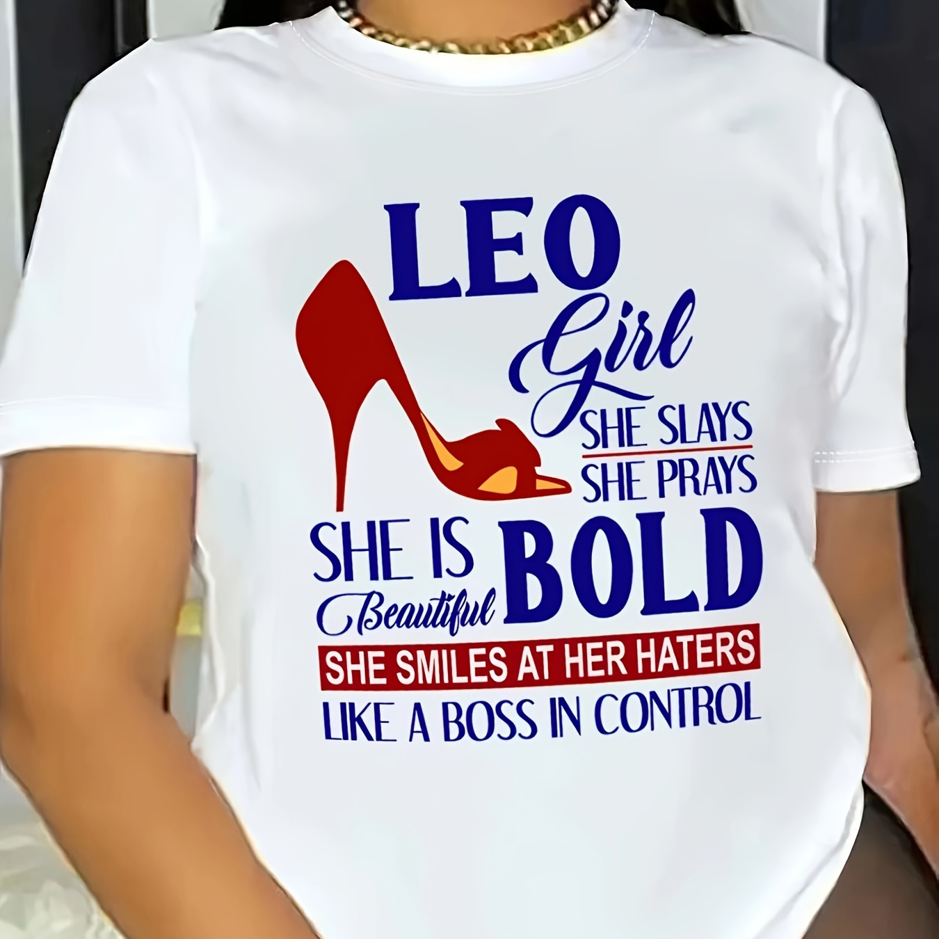 

Leo Graphic Print T-shirt, Short Sleeve Crew Neck Casual Top For Summer & Spring, Women's Clothing