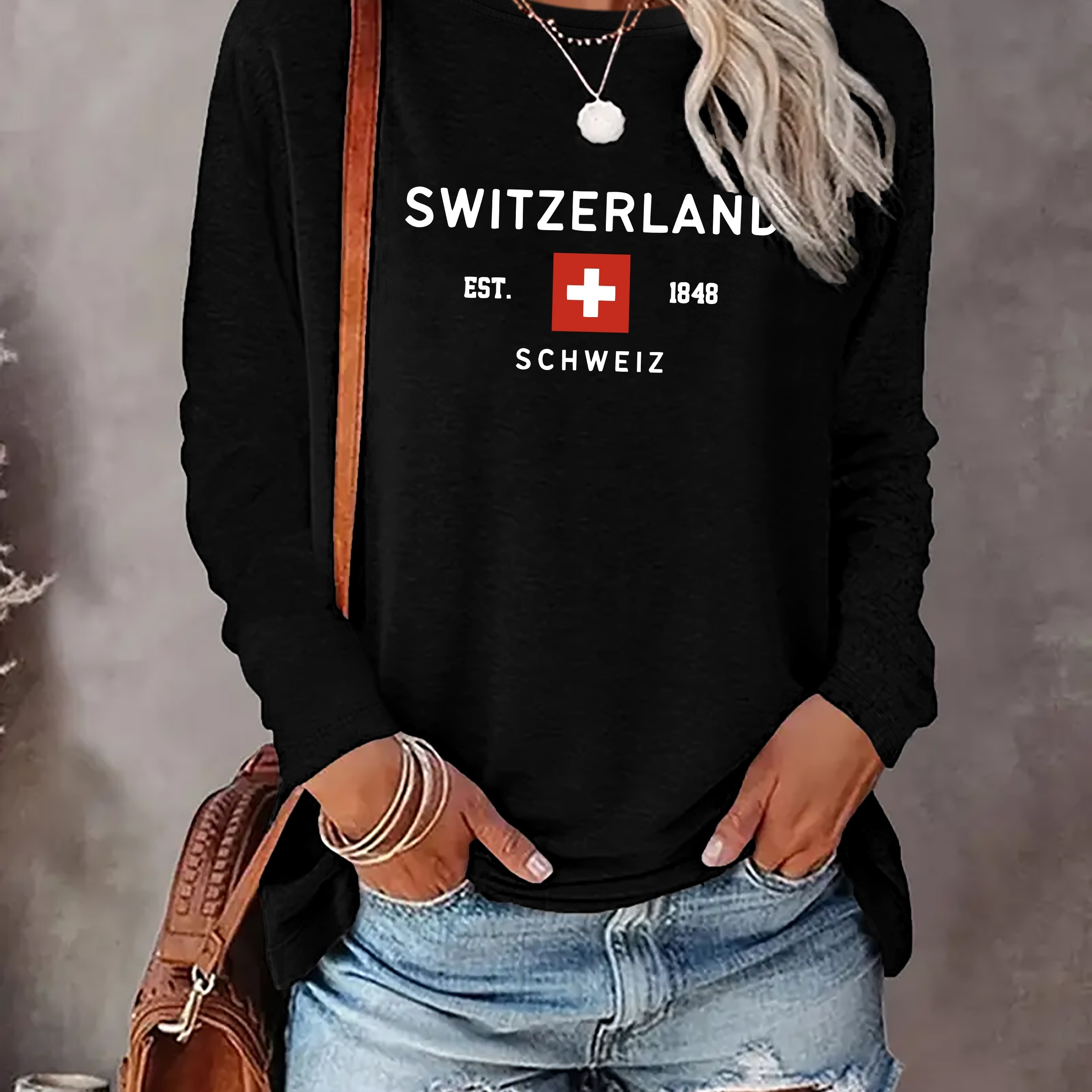 

Switzerland Print T-shirt, Long Sleeve Crew Neck Casual Top For Spring & Fall, Women's Clothing