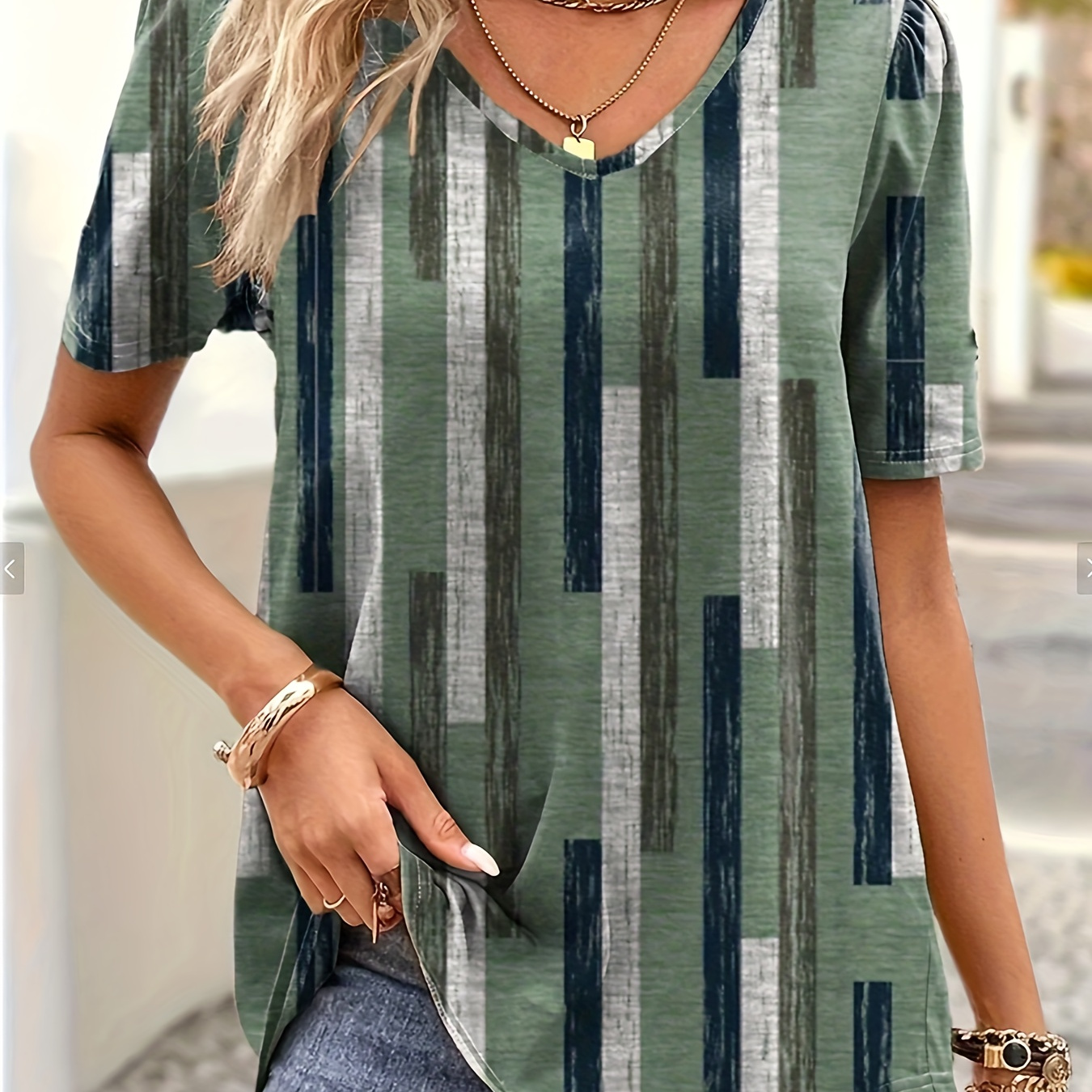 

Striped V Neck T-shirt, Casual Short Sleeve Top For Spring & Summer, Women's Clothing