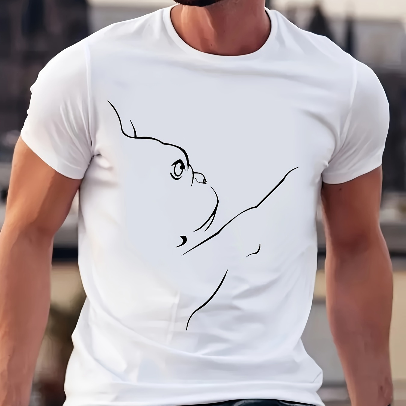 

1 Pc, 100% Cotton T-shirt, French Bulldog Illustration Line Art T-shirt Short Sleeves T-shirts For Summer