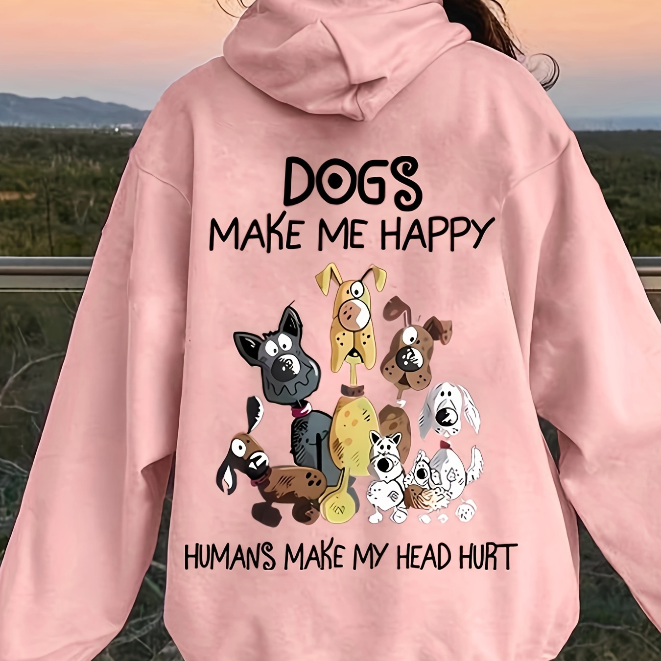 

Women's Pink "dogs Happy" Graphic Hoodie - Casual Polyester Knit Sweatshirt With Pockets, Machine Washable, Ideal For Spring/summer/fall