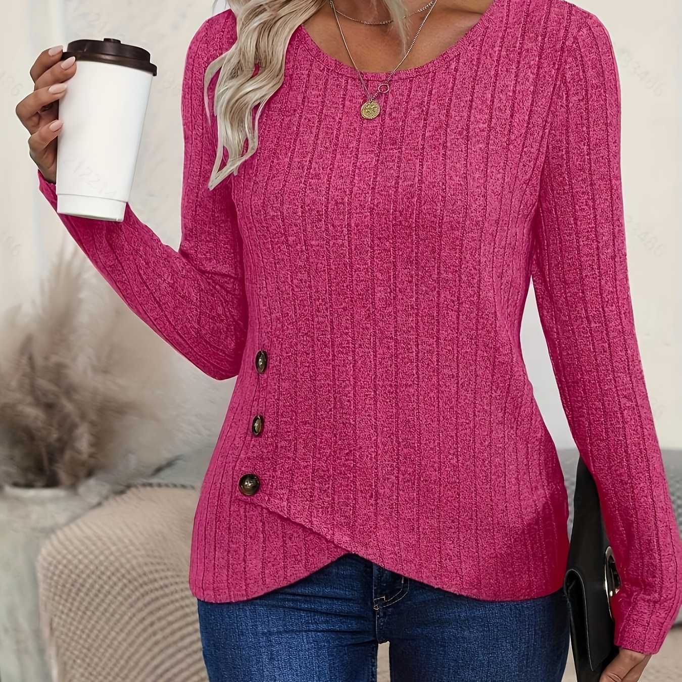 

Button Detail Ribbed Long Sleeve T-shirt, Casual Crew Neck Top For Spring & Fall, Women's Clothing